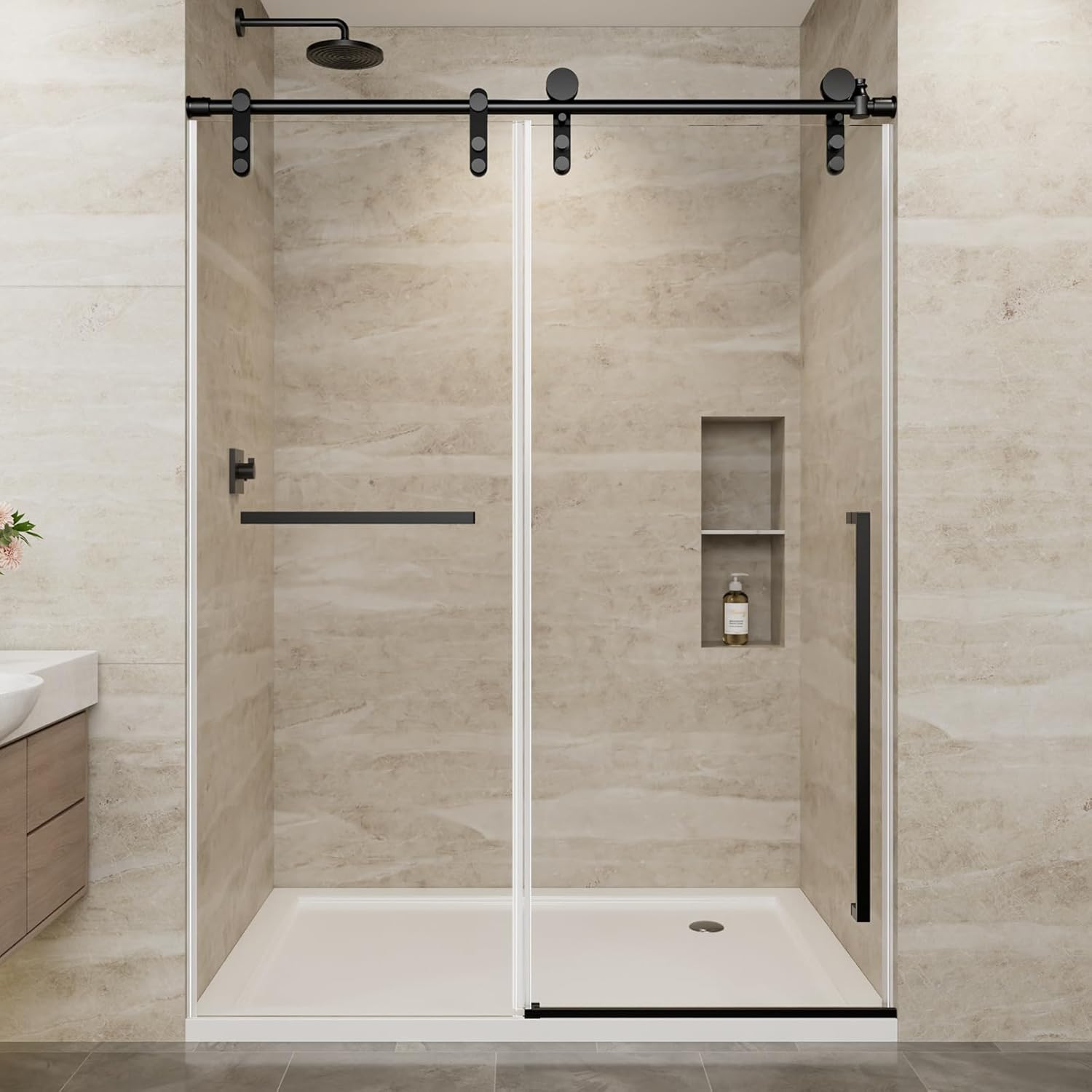 Frameless Sliding Shower Door, Barn-Style Exposed Roller, 5/16 in (8mm) Clear Tempered Safety Glass, Stainless Steel Hardware, Walk-in Shower (Matte Black, 48" W x 76" H)