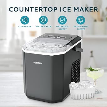 EUHOMY Ice Maker, 9 Cube in 6 Min, Bullet Ice maker, 2 Size Cube, Countertop Ice Machine, 12kg/Day, Self-Cleaning with Ice Scoop & Basket, for Home//Kitchen/Office/RV, Black