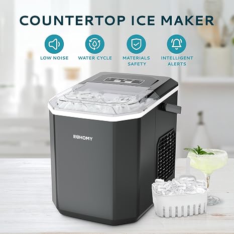 EUHOMY Ice Maker, 9 Cube in 6 Min, Bullet Ice maker, 2 Size Cube, Countertop Ice Machine, 12kg/Day, Self-Cleaning with Ice Scoop & Basket, for Home//Kitchen/Office/RV, Black
