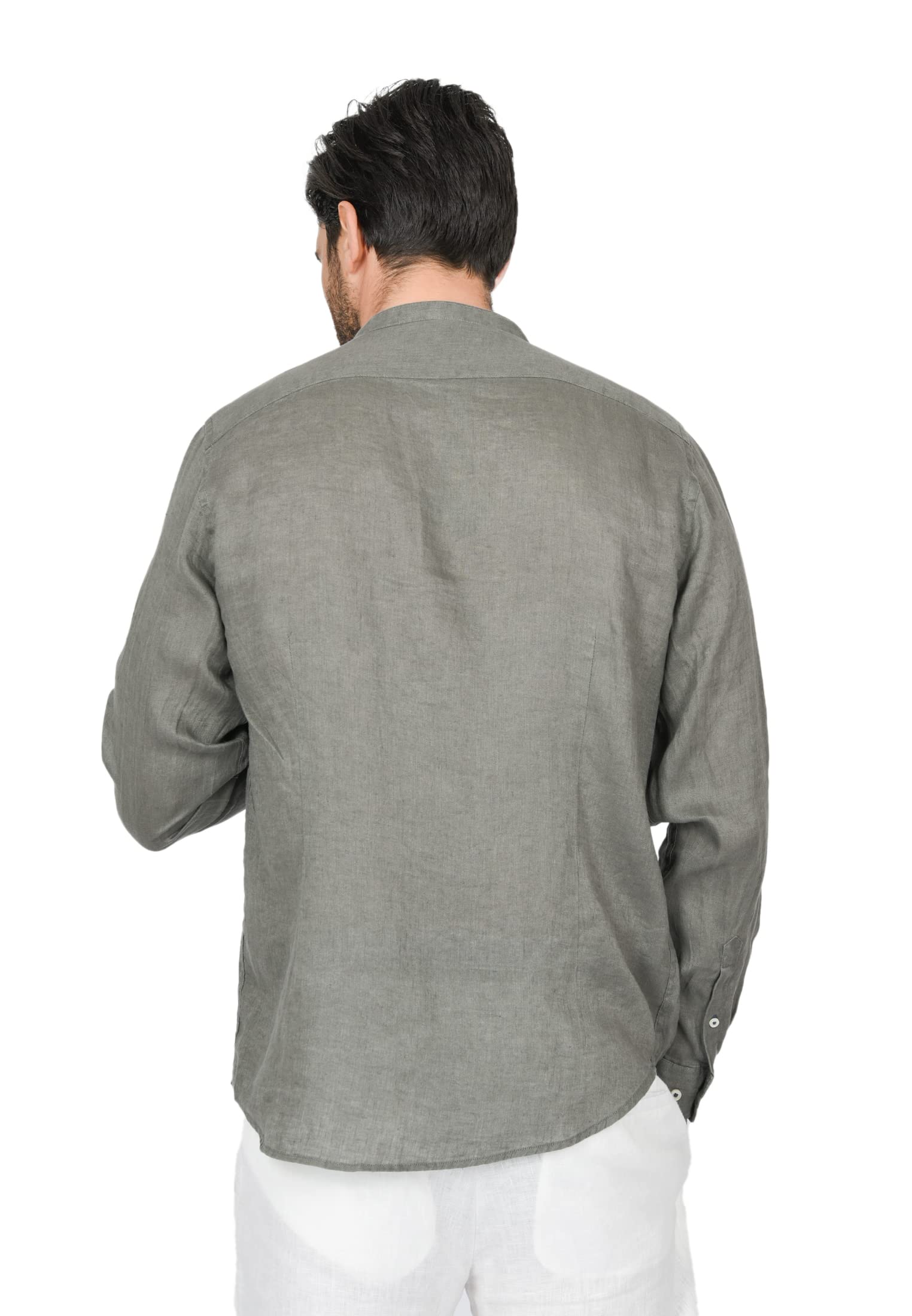 Camisa De Hombre Elegante Slim Fit Cuello Coreano 100% Lino Camisas Casual Manga Larga