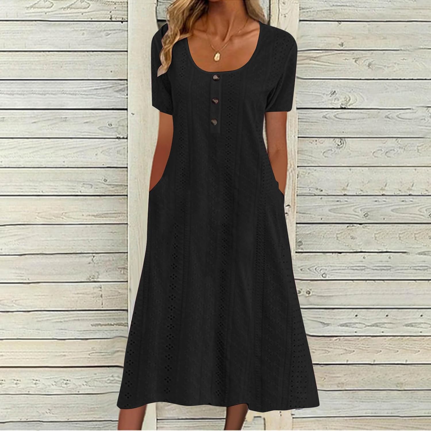 Women's Scoop Neck Dresses Short Sleeve Button Down Casual Summer Elegant Eyelet Breathable Boho Dress