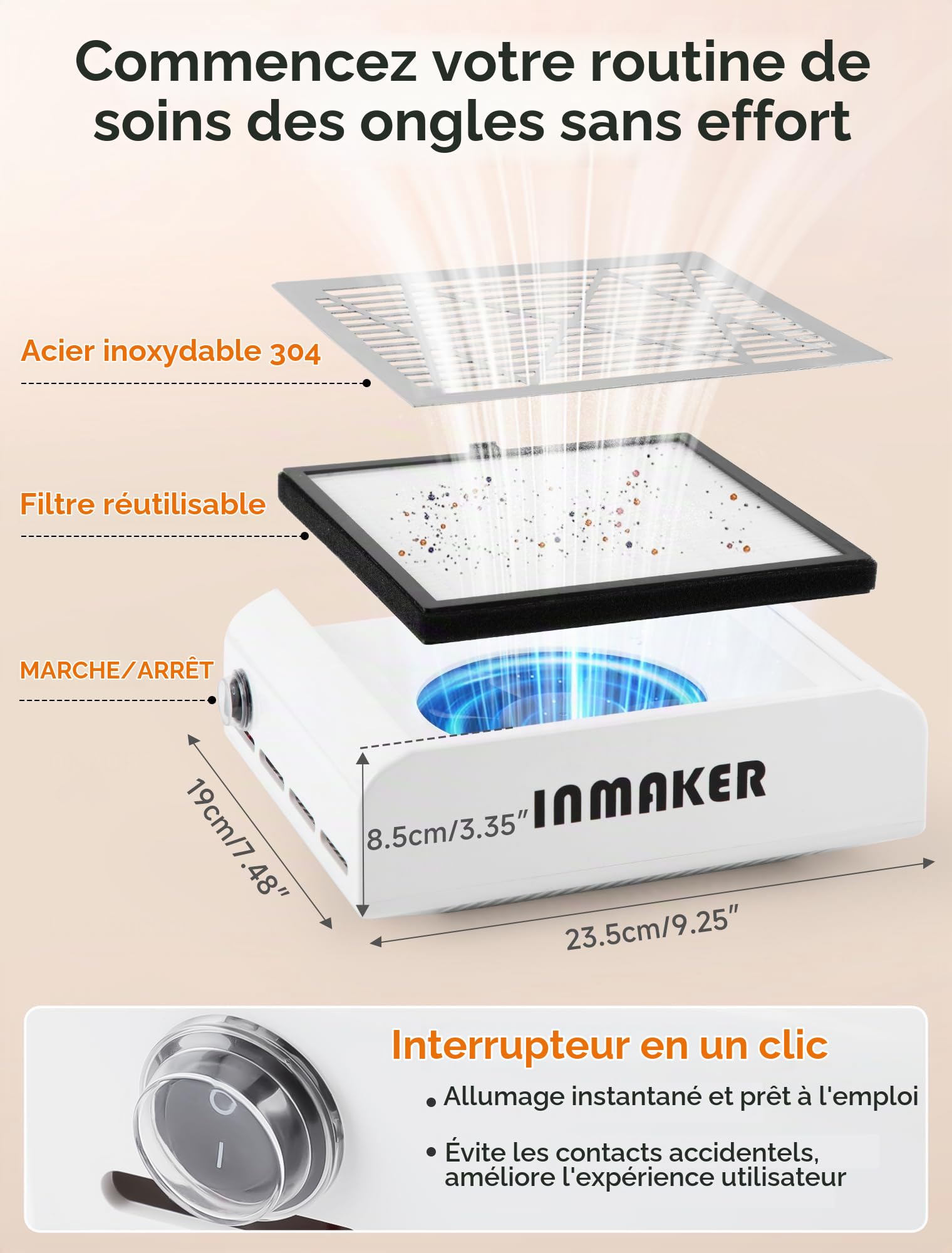 INMAKER Aspirateur Ongles Professionnelle Avec 2 Filtre Remplaçable | 60W Aspirateur Ongle Manucure pour Nail Art ou Salon, Blanc