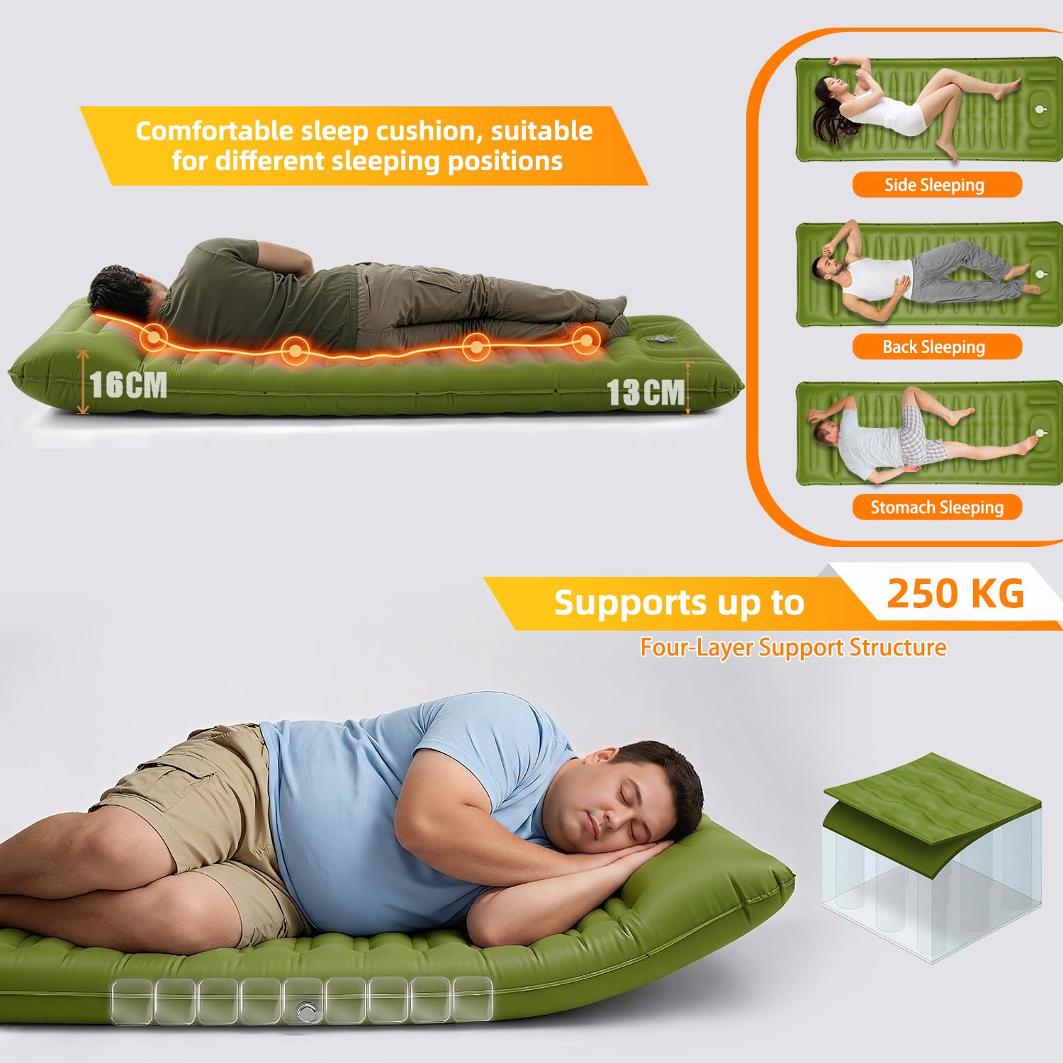 Colchoneta de dormir para acampar, 13 cm mejorada con bomba integrada, colchón inflable ultraligero, almohadilla de dormir para acampar al aire libre, mochileros, senderismo, viajes (verde