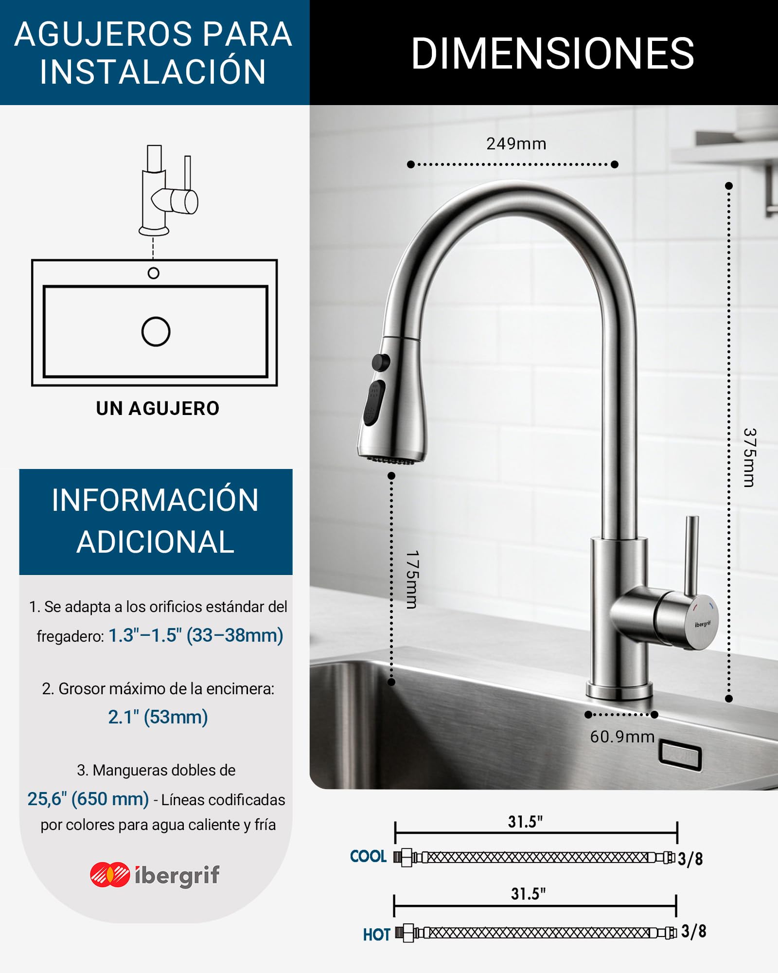 Ibergrif Grifo Cocina Extraíble, Grifo Cocina Fregadero 360° Giratorio, 3 Modos de Agua, Acero Inoxidable 304, Ahorro Energético 30%, Instalación Sin Herramientas en 5 Minutos, M22137