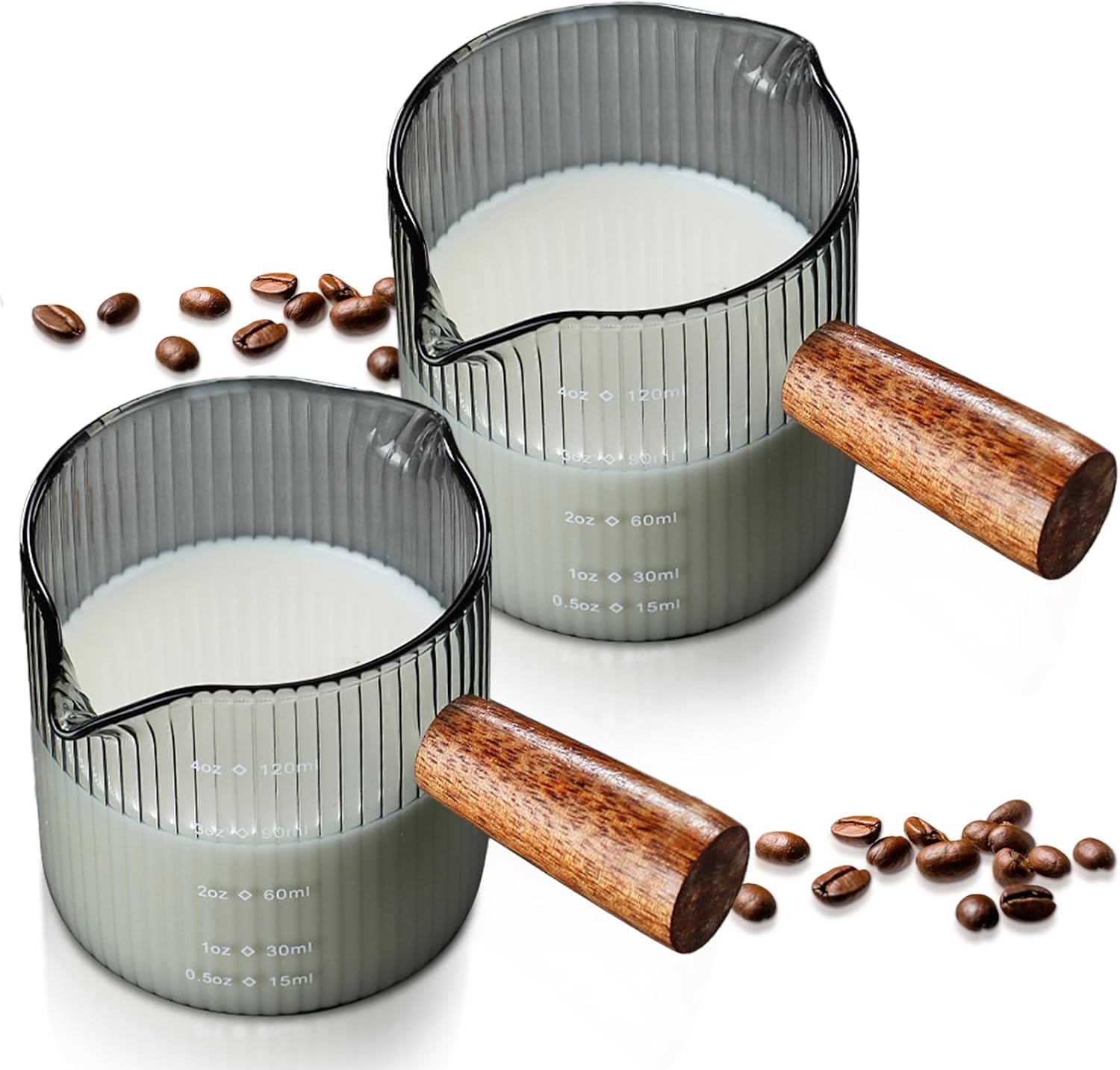 2 Pcs Double Spouts Measuring Espresso Cups Shot Glasses with Wood Handle 4 oz Dual Scale V-shaped Mouth Measuring Glasses Demitasse Cups Ribbed Milk Frothing Pitcher for Coffee Bar