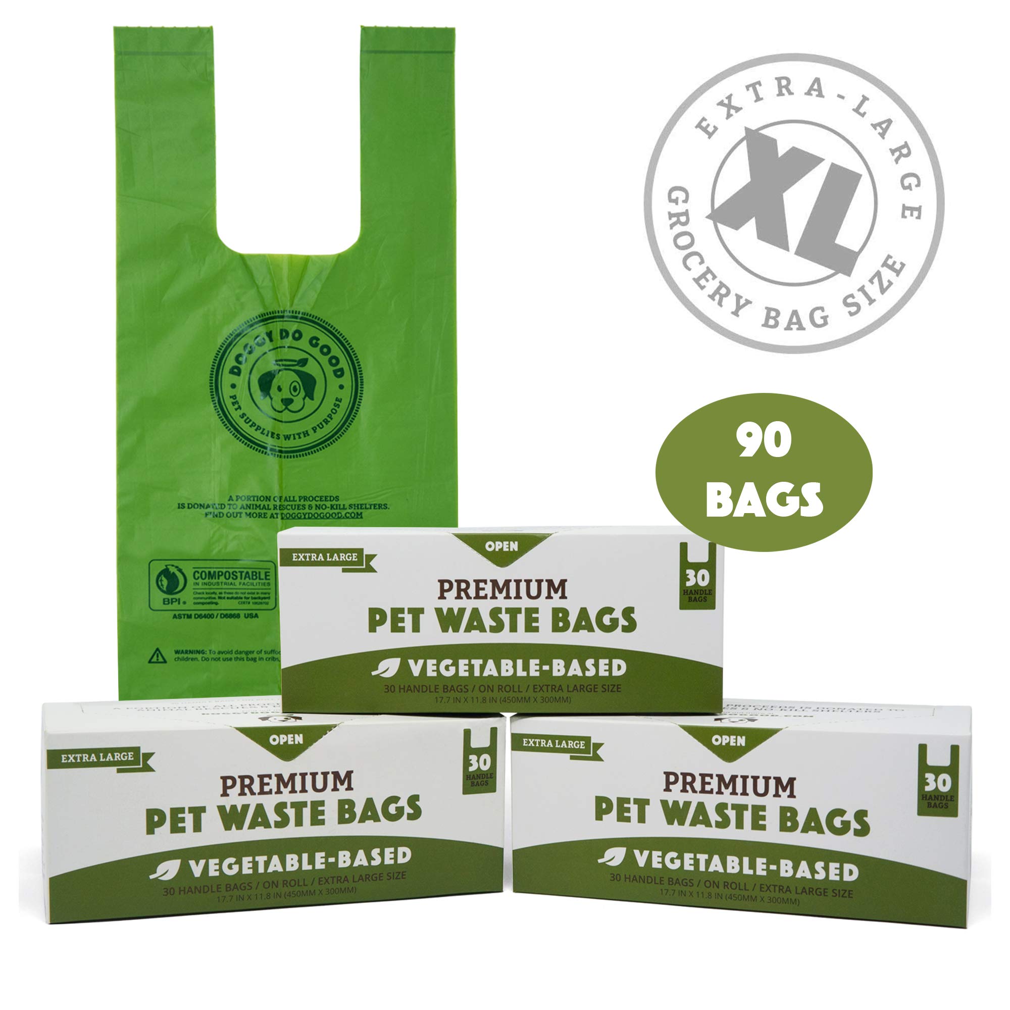 Biodegradable Dog Poop Bags | Compostable XL Cat Litter/X-Large Dog Waste Bags, Vegetable-Based & Eco-Friendly, Premium Thickness & Leak Proof, Easy-Tie Handles, Supports Rescues 3-Pack (90 ct)