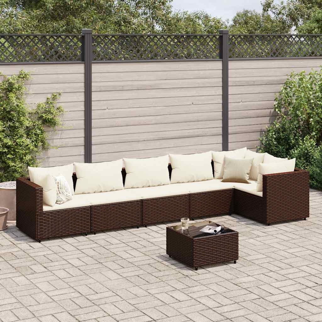 7-Piece Brown Outdoor Patio Lounge Set with Modular Design and Weather-Resistant Poly Rattan, Comfortable Seating for 6 with Plush Cushions and Functional Coffee Table