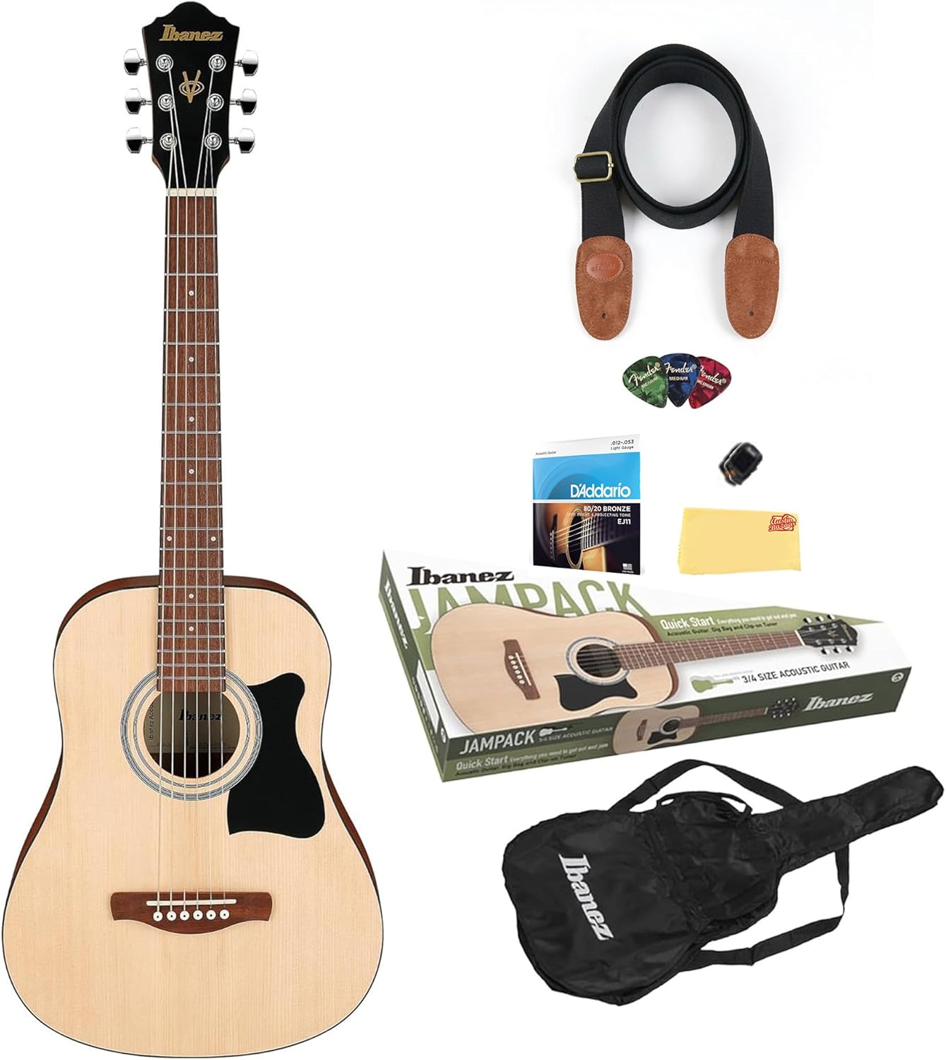 Ibanez IJV30 JamPack 3/4-Size Mini Dreadnought Acoustic Guitar Pack - Open Pore Natural Bundle with Gig Bag, Tuner, Strings, Pouch, Strap, Picks and Austin Bazaar Polishing Cloth