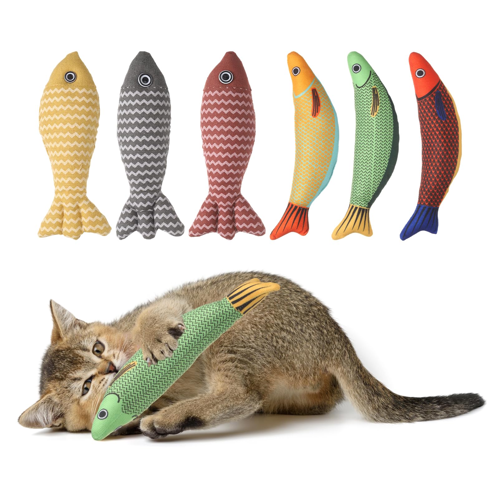 Jouet d'herbe à chat résistant aux morsures, lot de 6 poissons à mâcher multicolores