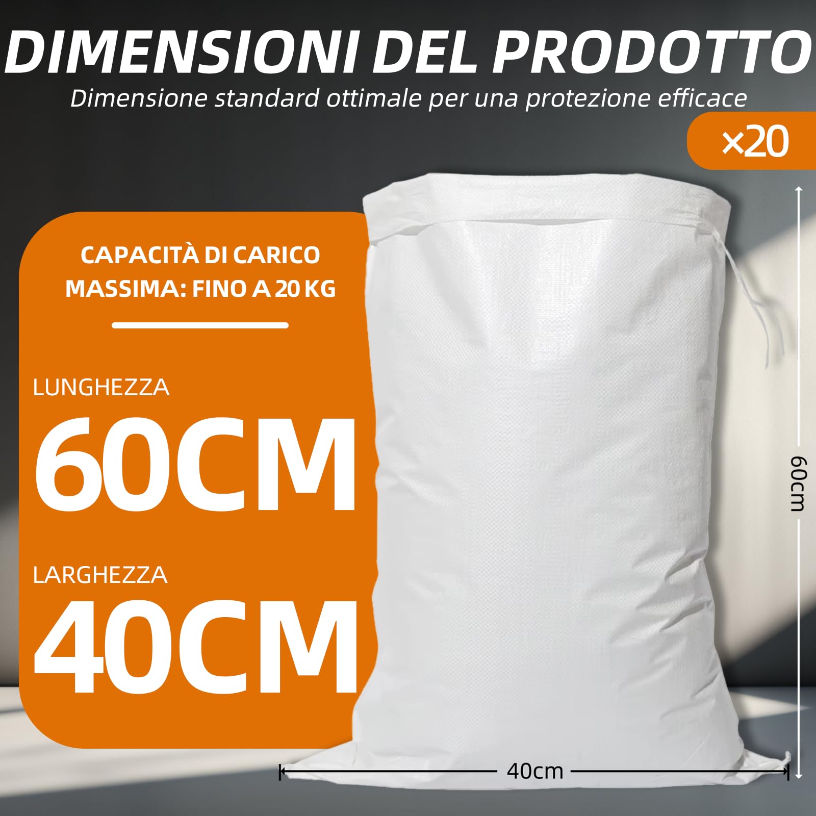 Sacchi di sabbia antialluvione, sacchi di sabbia vuoti con coulisse, sacchetti in polipropilene bianco, per la protezione contro le inondazioni sulle finestre della cantina, 40 x 60 cm (50)