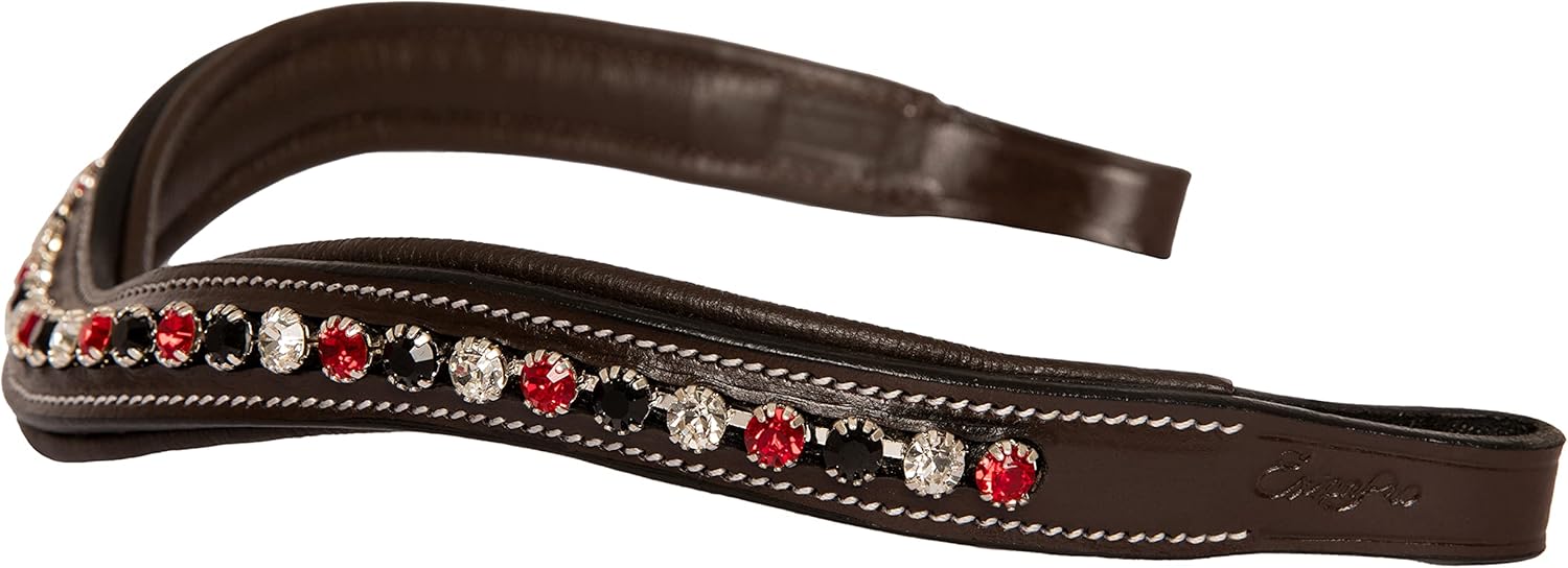 Exion Curved Crystal Browband for Horses – Soft Padded Bling English Bridle Brow Band | Dressage, Show, Jumping | Black, Brown | Cob, Full, Warmblood | Red, Black & Clear Crystal Browband for Horses