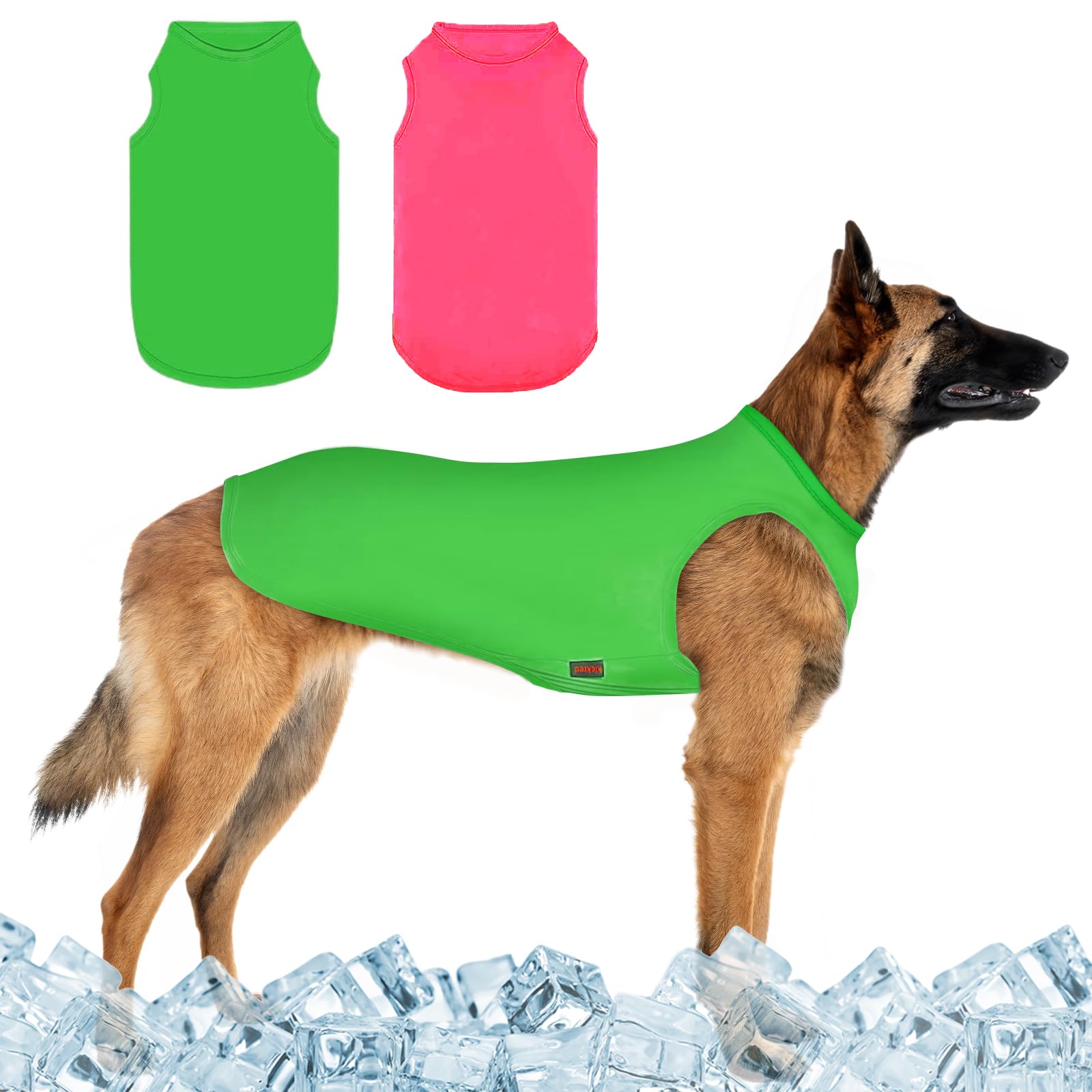 Kickred 2 Pack Dog Cooling Shirts, Ice Pet Vest Dog Clothes for Instant Cooling, Lightweight Breathable Sleeveless T-Shirts for Large Dogs, Bright red+Fresh Green (2XL)
