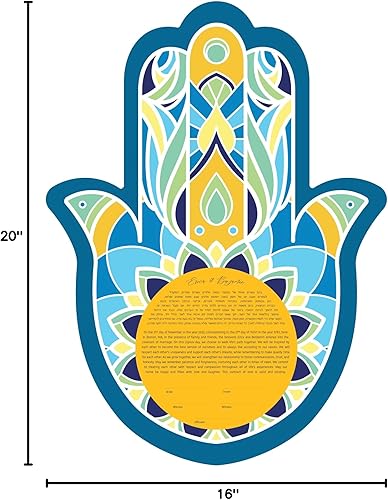 Miniatura 8 de Maybie & Co. Hamsa - Arte moderno con marco personalizado de Ketubah azul y dorado | Contrato de amor de arte judío | Contrato de matrimonio