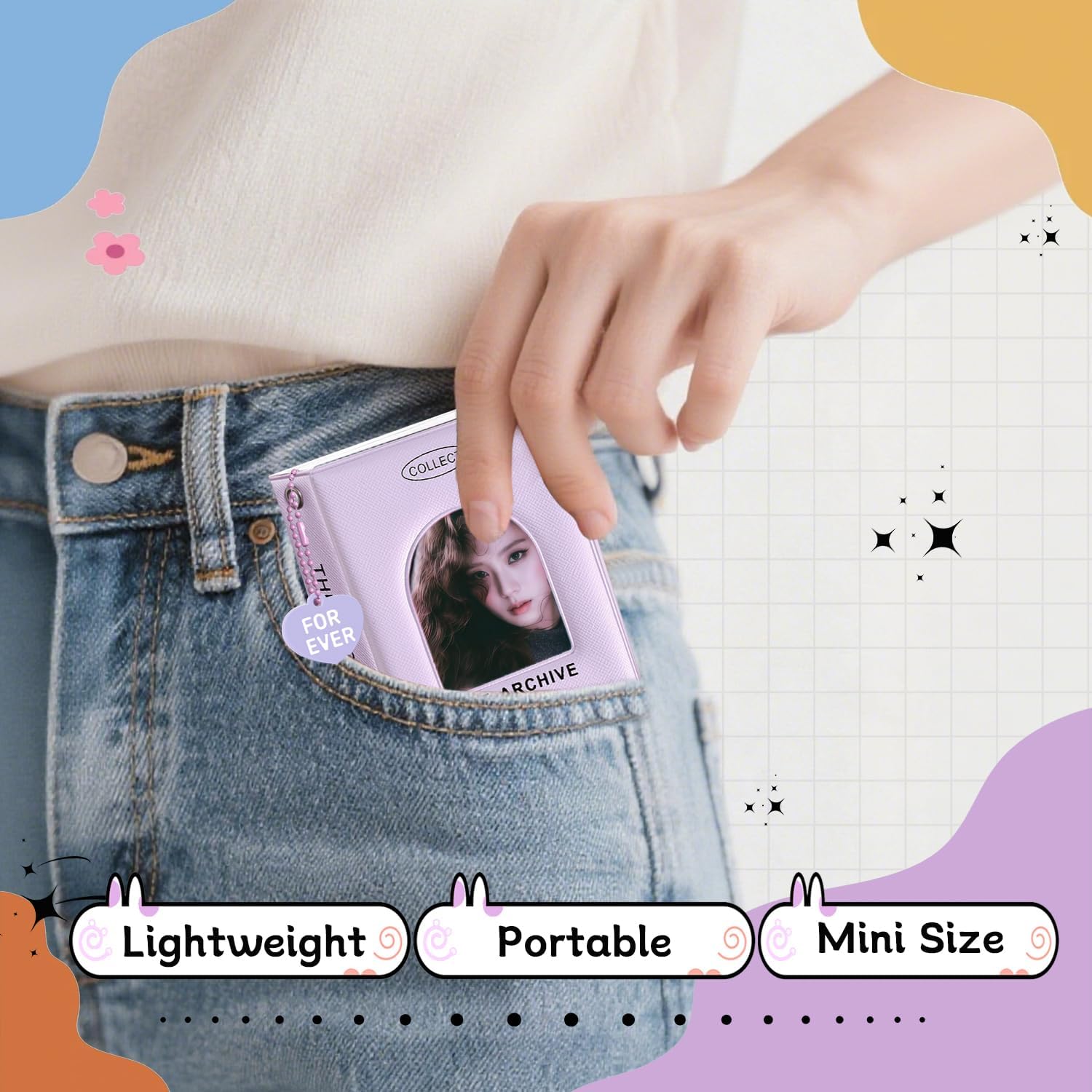3 Inch Kpop Photocard Binder, 40 Pockets Portable Photocard Holder Book Mini Photo K-pop Album, Window Hollow Kpop Binder Collector Book Photo Card Holder Album with Lovely Pendant (Leather Cover)