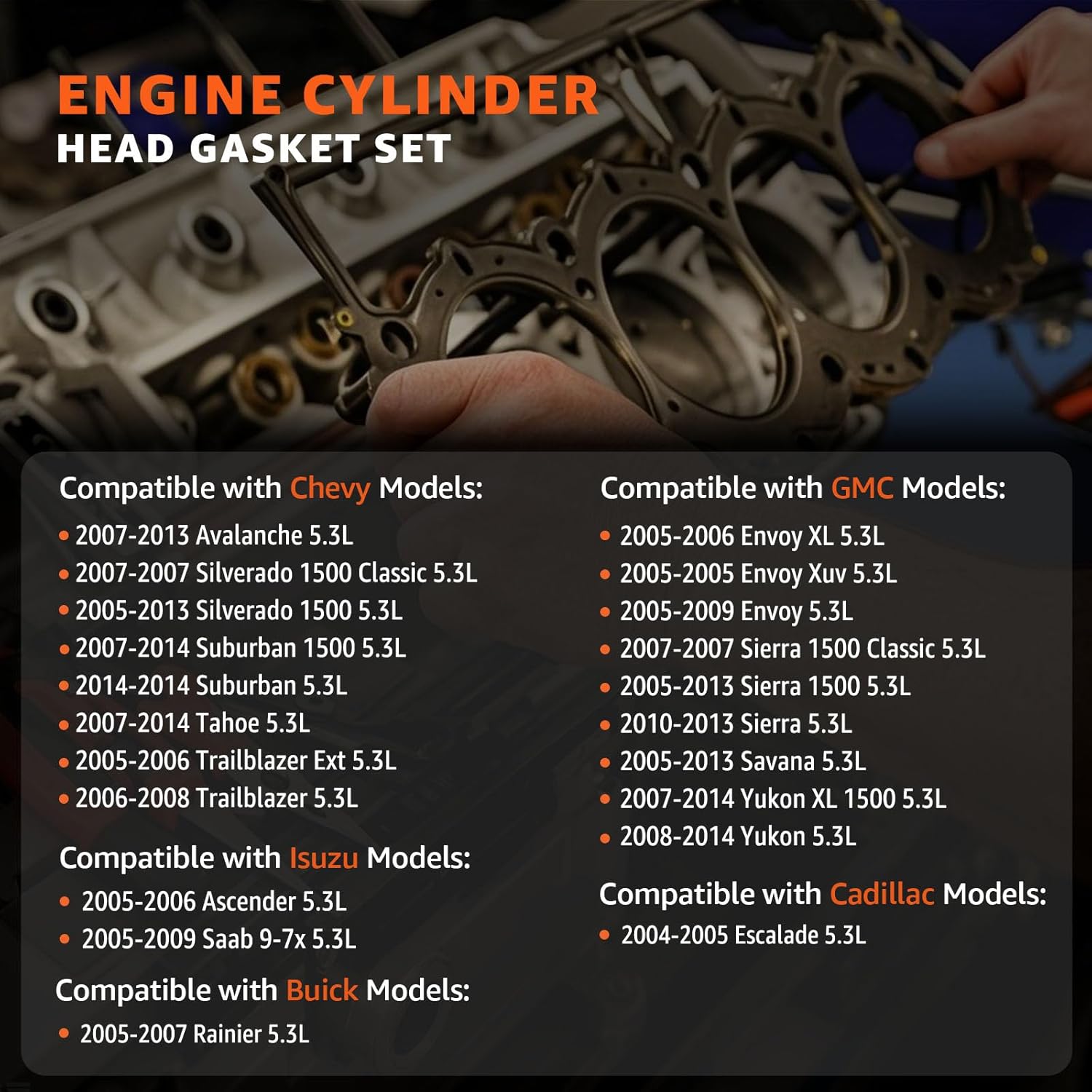 Full Cylinder 5.3 Head Gasket Set Compatible with 2005-2014 Chevy Silverado 1500 Tahoe Avalanche Express Suburban for GMC Sierra Savana Yukon Envoy Escalade 5.3L LM7 L59 V8 Engine HS26191PT-1 CS9284