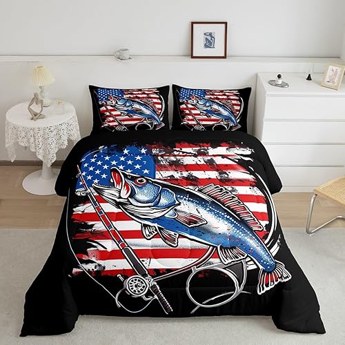Juego de edredón con bandera estadounidense, juego de ropa de cama de pesca de granja para niños, niñas, adolescentes, decoración de peces salvajes,
