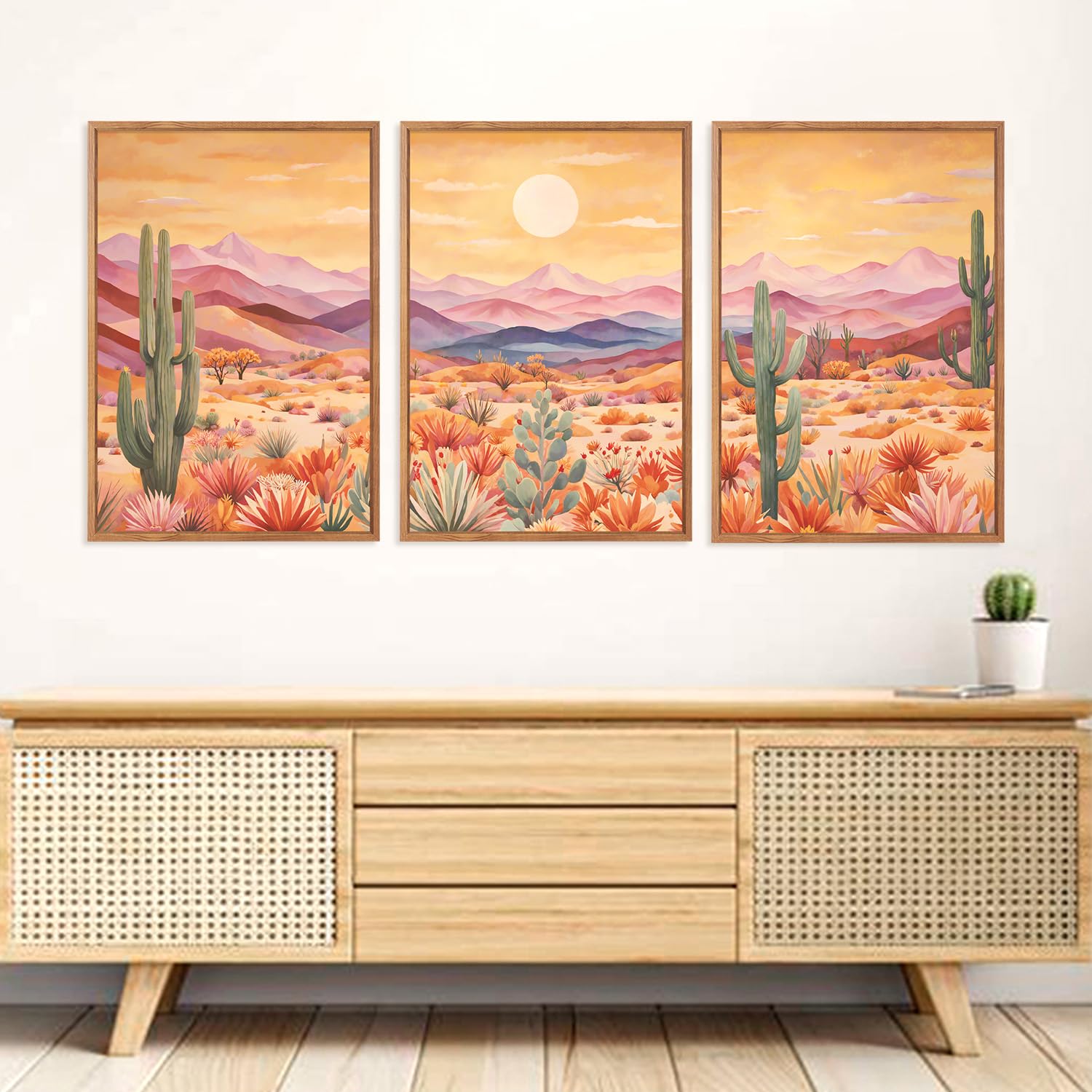 HOURIA Kunstdruck auf Leinwand, abstrakter Sonnenuntergang, Bergwüste, Kaktus, 40,6 x 61 cm, Vintage-Südwest-Landschaft, Wanddekoration, moderner Boho-Kunstdruck für Büro, Bauernhaus, Wohnzimmer, 3
