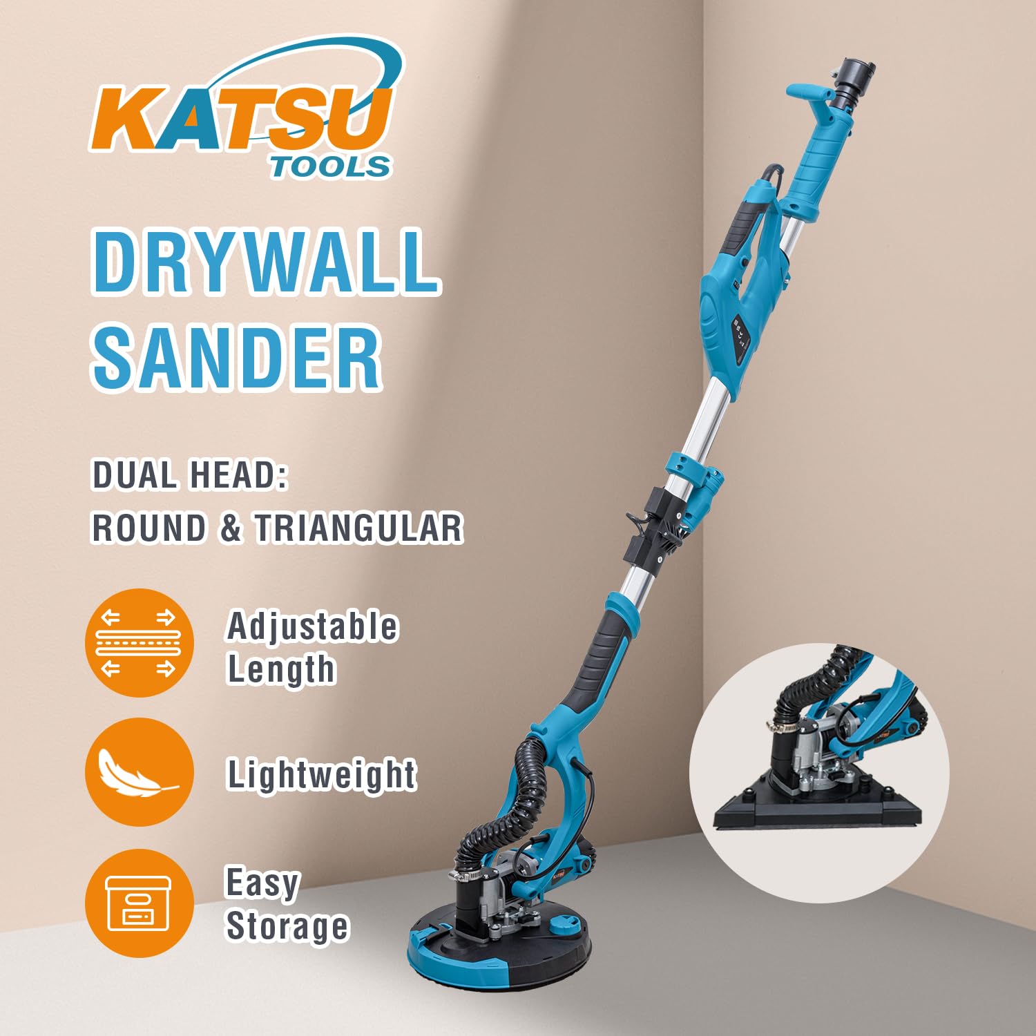 KATSU Tools Lijadora eléctrica para paneles de yeso de 950 W con doble disco (redonda + triangular), mango telescópico de aluminio, linterna LED, 6 velocidades variables, 12 papeles de lija, para
