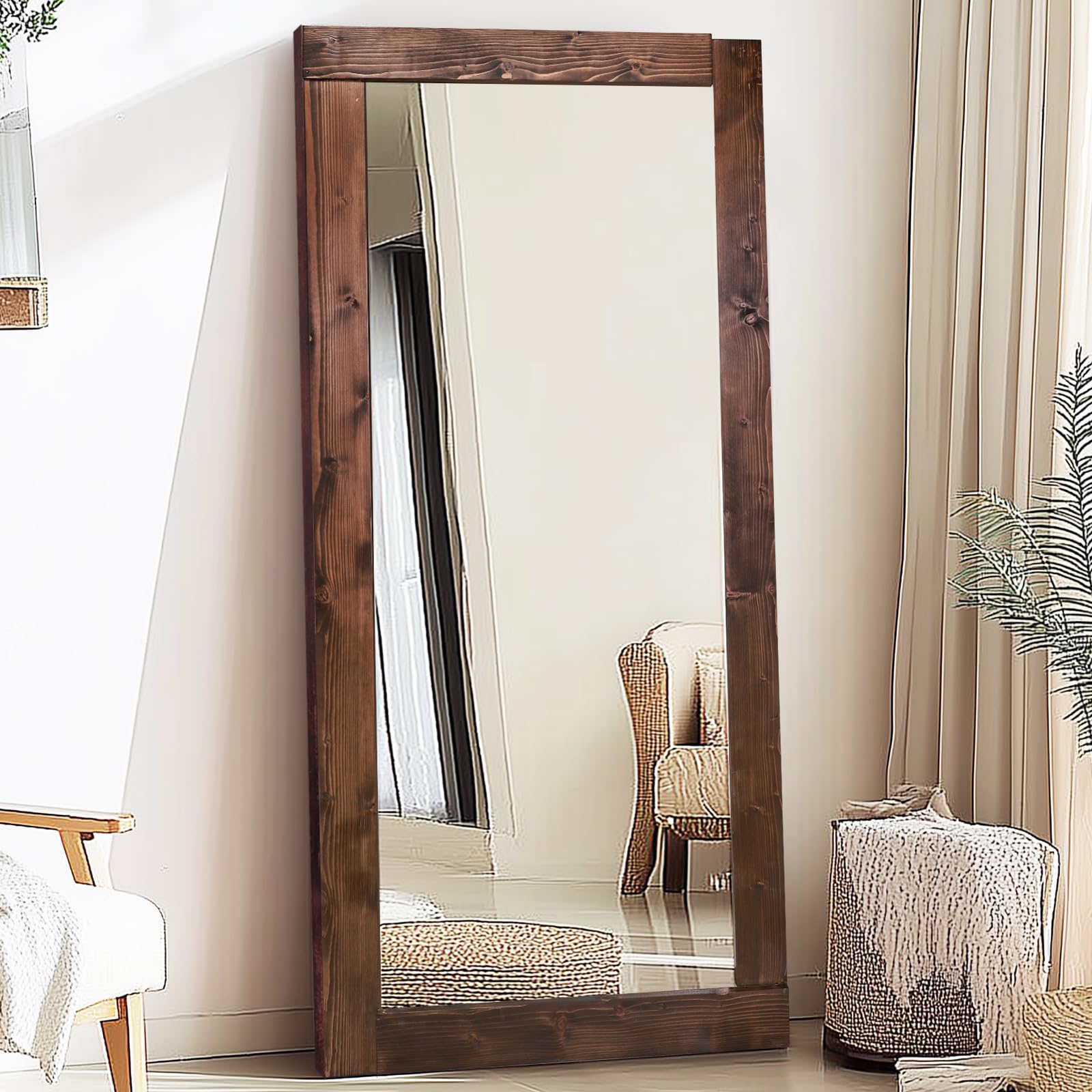 71x32in Full Length Mirror, Solid Wood Convex Frame, Brown