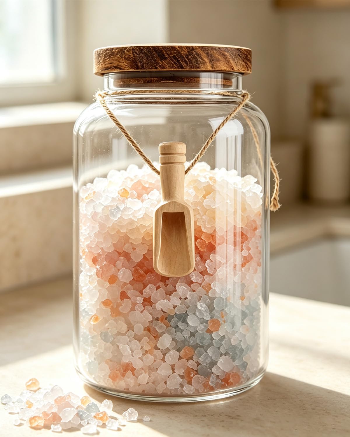 94 oz Large Bath Salt Container - Glass Bath Salt Jar with Airtight Wooden Lid and Scoop, Glass Storage Canister for Master Bathroom Decor & Organization, Bathtub Accessories for Women