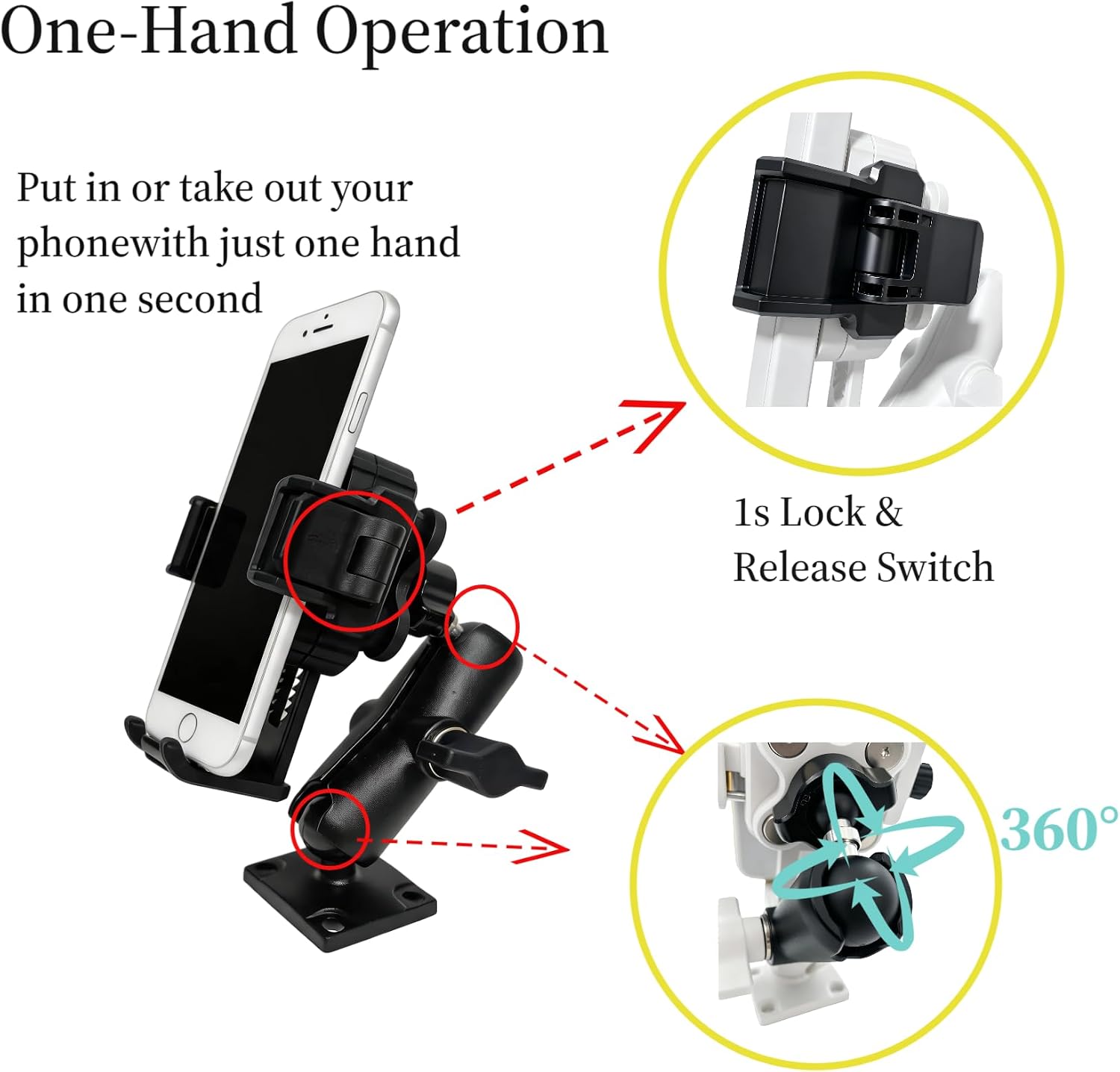 Phone Mount, AMPS Aluminum Base, 1s Quick Release, 4.8-7.2" Phones | Aluminum Construction, 1s Quick Release, One-Hand Operation, 70° Adjustable Tilt, for Car Truck Boat, Black, AMPS Compatible