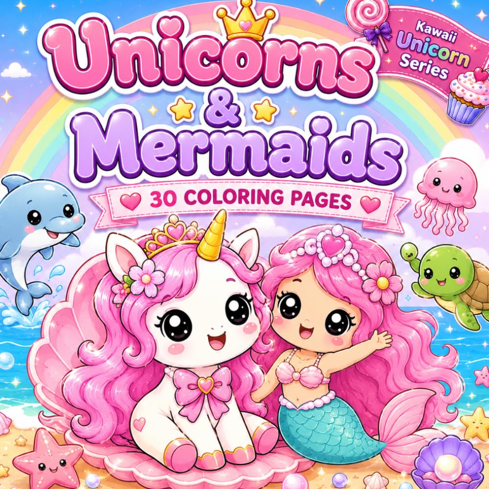 Unicorns & Mermaids: Cute & Cozy Unicorn Coloring Book for Kids and Teens | Bold & Easy Magical Fantasy Pages for Relaxation and Fun (Kawaii Unicorn)