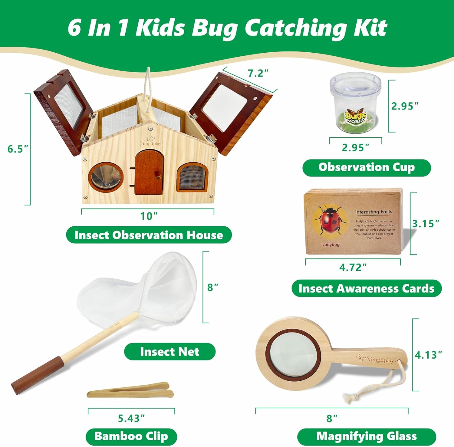 SimpliPlay Kids Explorer Kit & Bug Catcher for Kids, Outdoor Toys with Large Portable Wooden Bug Habitat, Butterfly Net, Magnifier, Observation Cup, 15 Insect Cards for Toddler 3-8 Year Old Boy Gift