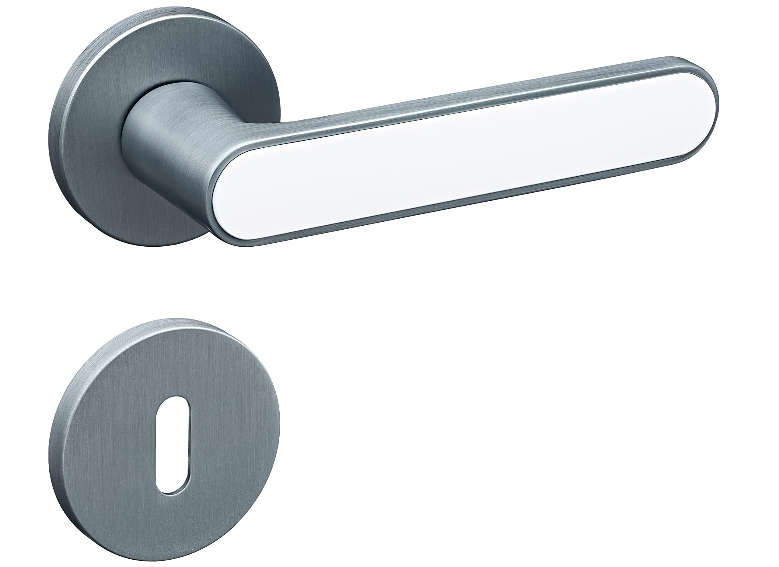 Gavroche Türgriffe Set BB Buntbart | Türklinken für Innentüren in Matt Silber und Weiß | Drückergarnitur für Zimmertür mit runder Rosettengarnitur aus Zink | Türbeschlag in L-Form