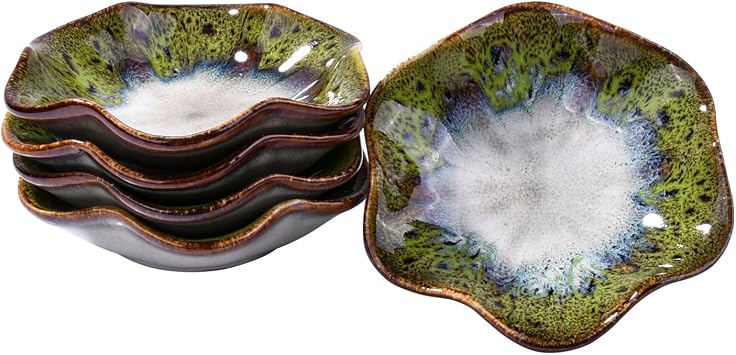 Ceramic Lotus Leaf Dipping Sauce Bowls Set of 5, Natural Green Reactive Glaze Mini Sushi Dishes, Soy Sauce Bowls for Sushi and Soy Dishes, Decorative Condiment Server Prep Bowls