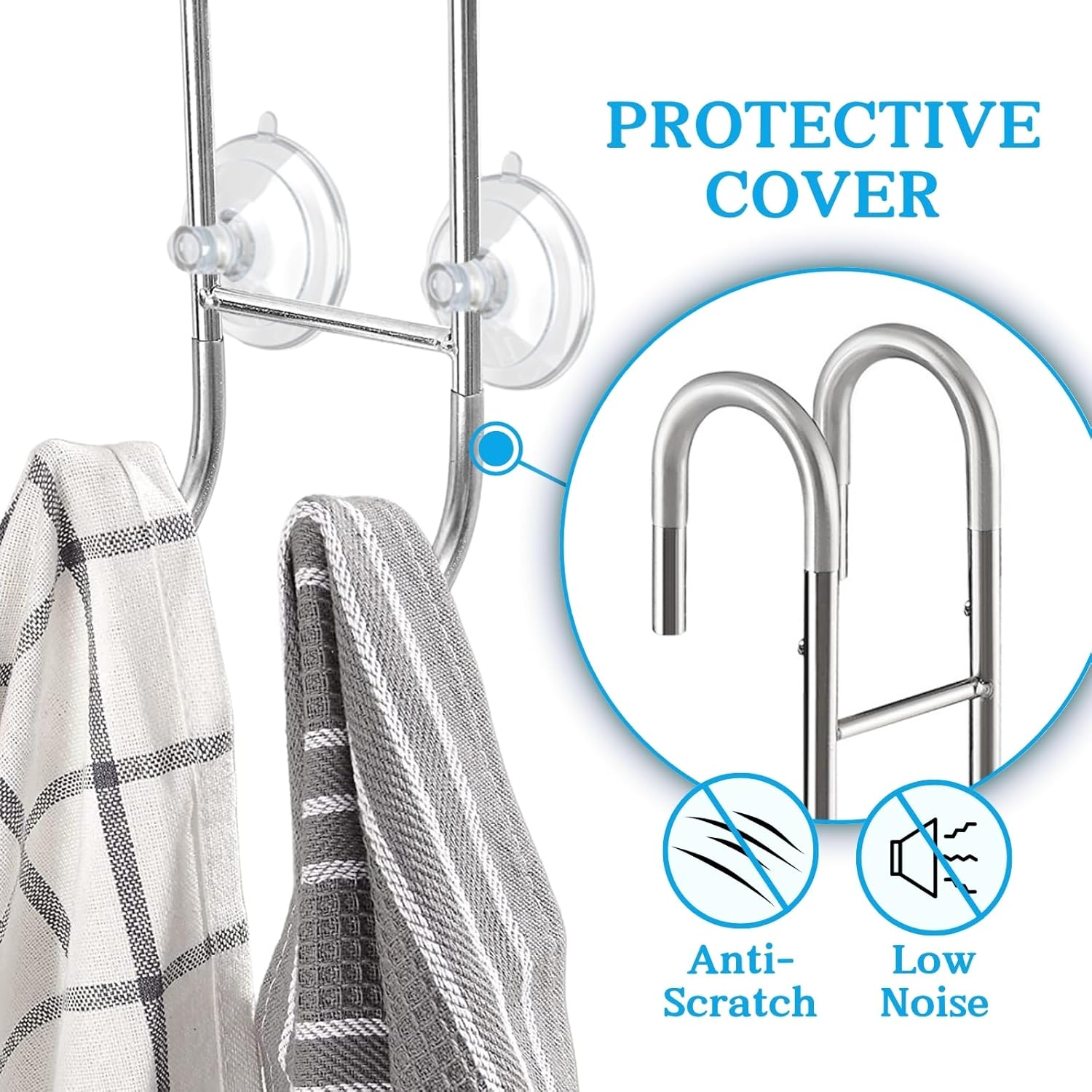 Shower Door Towel Hooks - 9"~13" Length Adjustable Hook for Frameless Over The Door Glass, Squeegee Holder, Towel Hanger for Bath Suits Rozer Robes Loofahs Shavers, Stainless Steel, 2-Pack, Silver