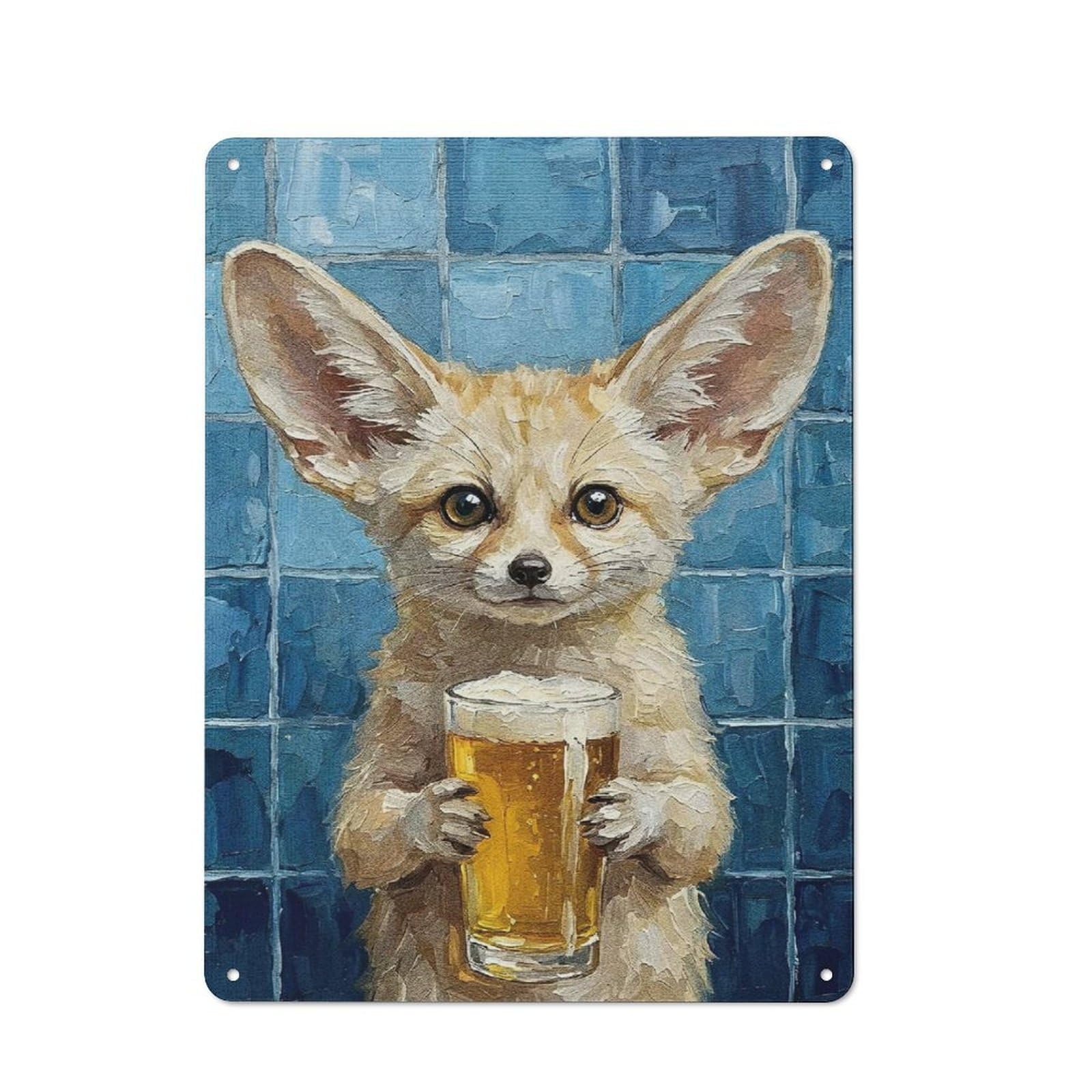 Junmoney Style-14 Fennec Fox With Beer Painting Retro Metal Wall Sign 40X30cm For Guest Room Or Hallway, A Housewarming Gift For Home Decor Collectors