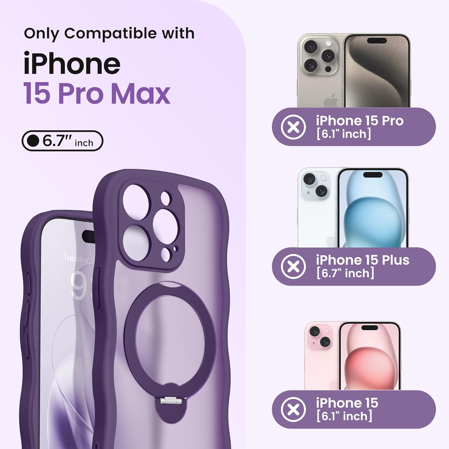 CAPRARO for iPhone 15 Pro Max Case with 360° Spin Magnetic Stand for Women, [Compatible with MagSafe] [Full Camera Protection] Cute Wave Translucent Matte Case for iPhone 15 Pro Max, Deep Purple - Image 2