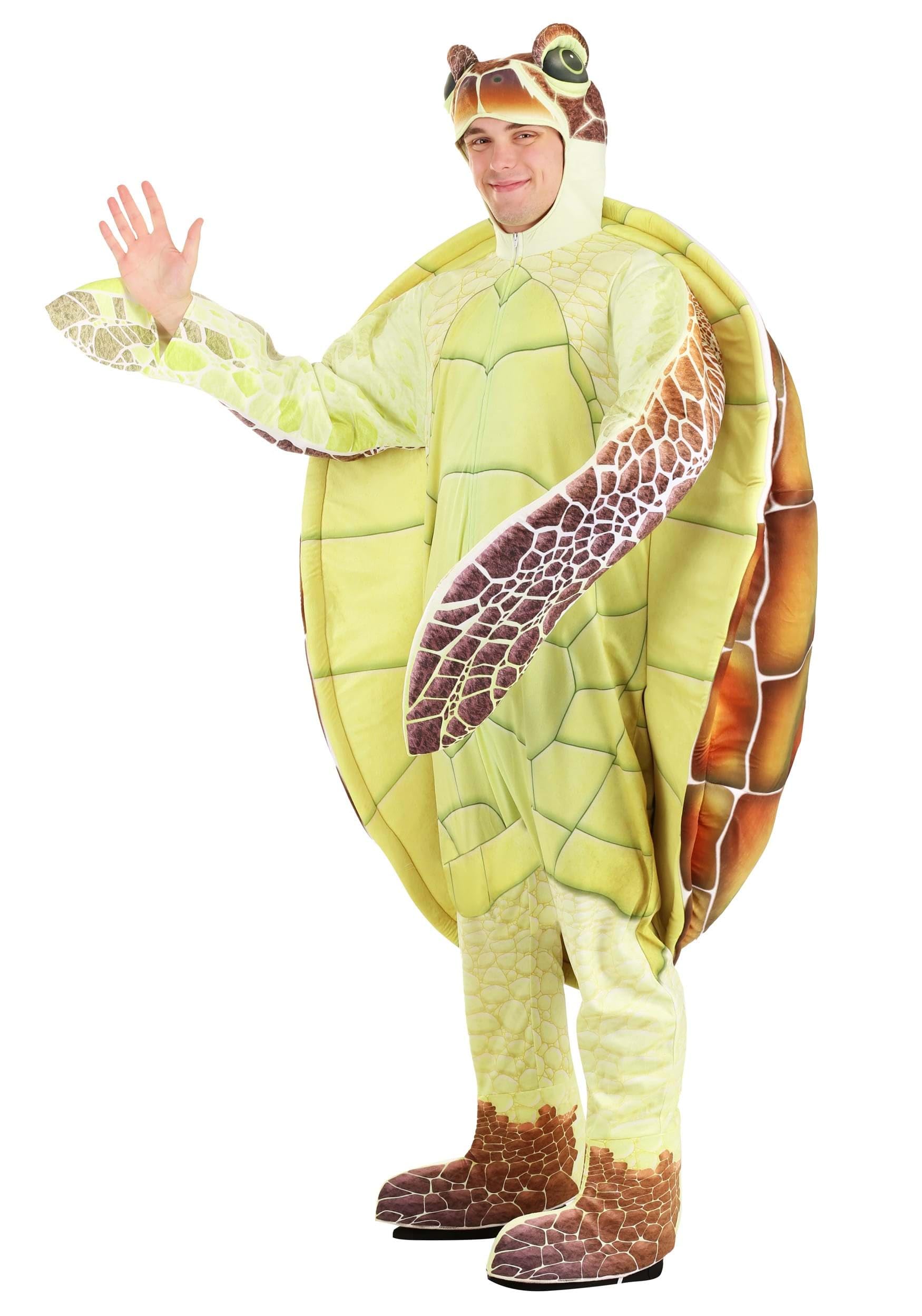 Adult Sea Turtle Halloween Costume, Hooded Turtle Jumpsuit With Attached Mitts, Shoe Covers, And A Realistic Turtle Shell X-Large