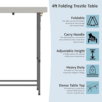 Home Vida Folding Table 4ft Heavy Duty Extra Strength Camping Buffet Wedding Market Garden Party Car Boot Stall Picnic Trestle Indoor Outdoor Foldaway