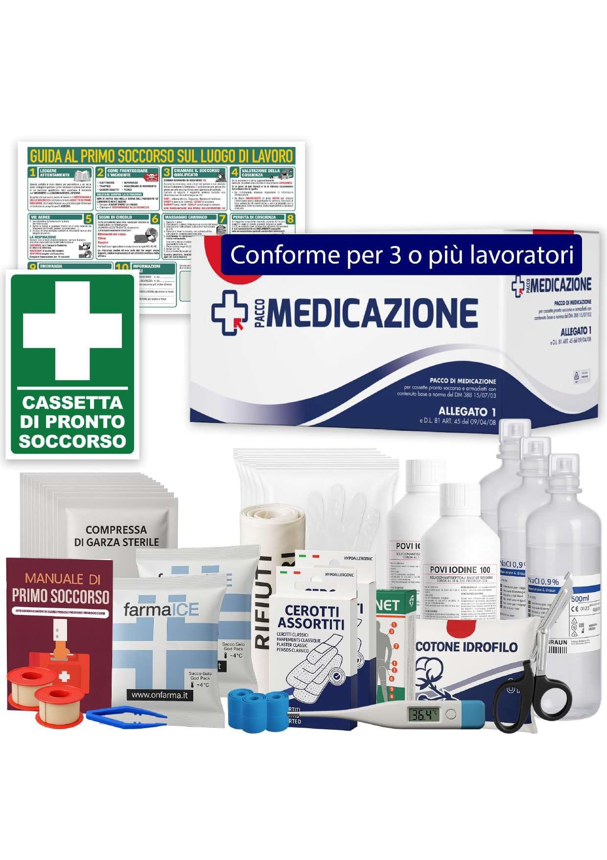 ONFARMA KIT DI REINTEGRO COMPLETO DI CARTELLO PRIMO SOCCORSO ricambio per cassetta medica pacco di medicazione SENZA MISURATORE DI PRESSIONE per aziende con 3 o più lavoratori D.M. 388 all.1
