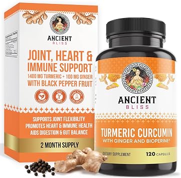 Turmeric Curcumin with Ginger & Bioperine, Turmeric Curcumin with Black Pepper & Raw Ginger Root Powder Capsule Supplement by Ancient Bliss 120 Capsules