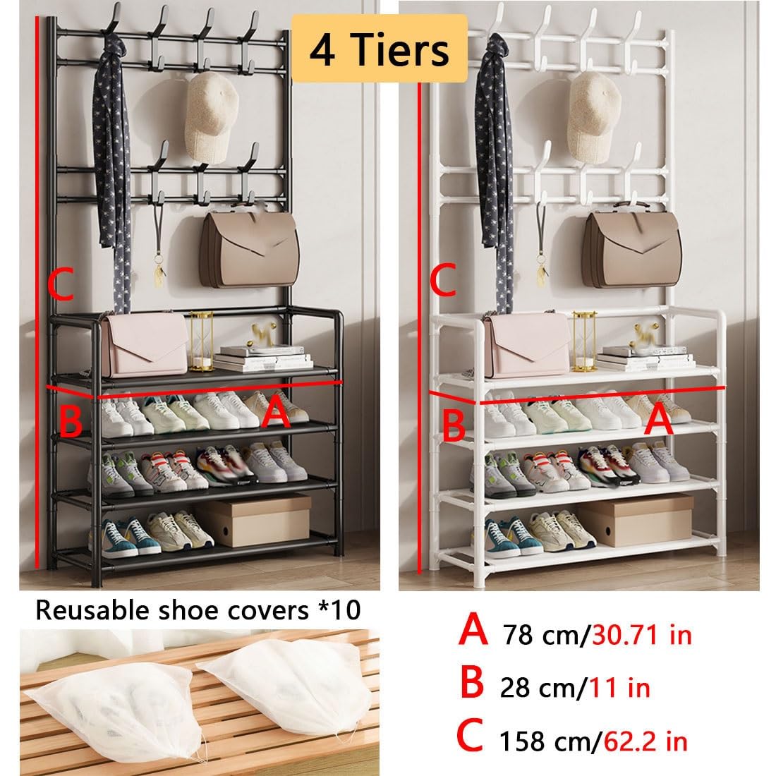Zapatero con 3/4/5 estantes de metal para entrada, tela no tejida, con 8 ganchos y 10 fundas para zapatos (blanco, 78 x 28 x 158 cm)