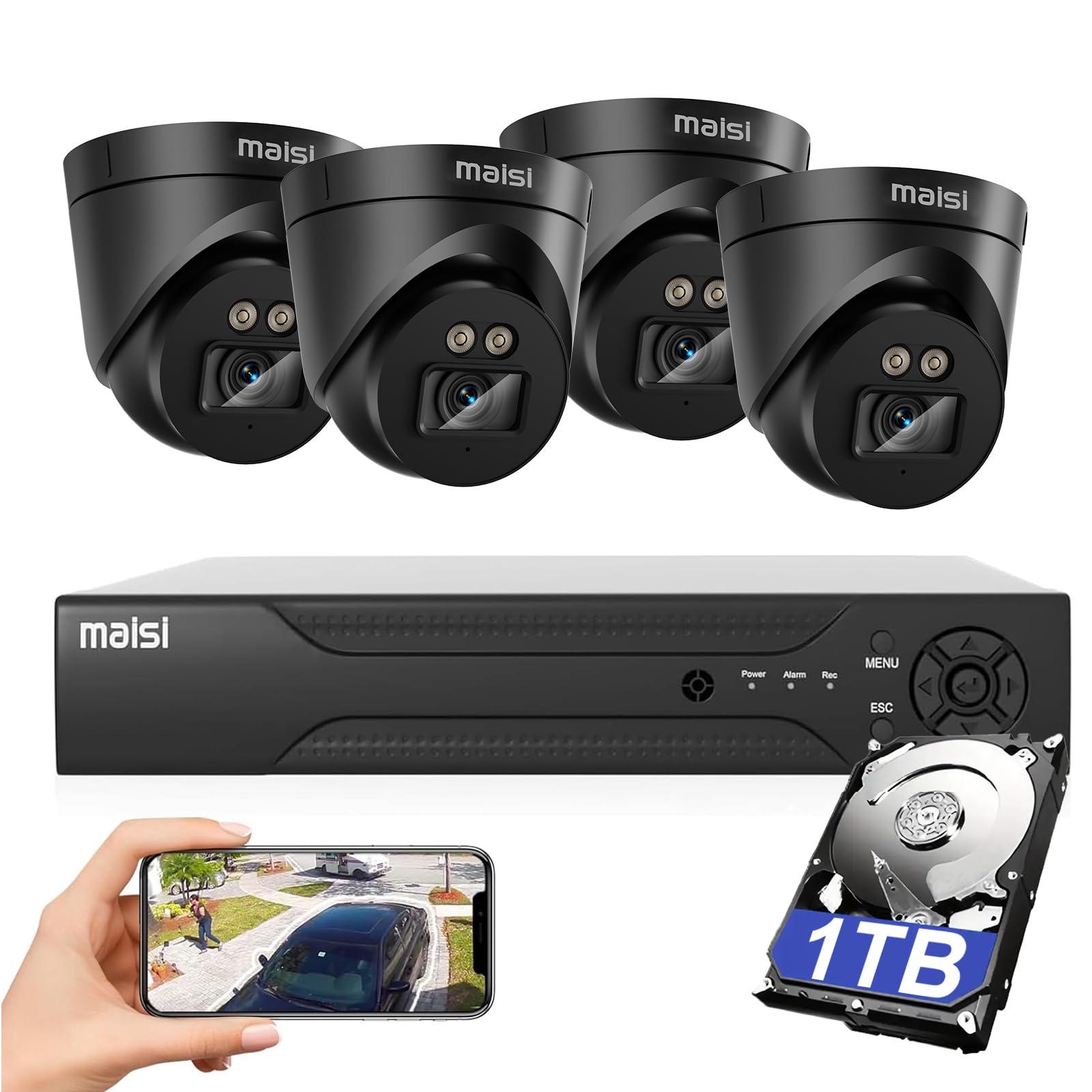 maisi 8CH CCTV Camera System, 8 Channel 5MP Security DVR with 4x 5MP Cameras,1TB Hard Drive, Night Vision, APP Push and Email Alert, Easy Mobile and PC Access, Indoor&Outdoor