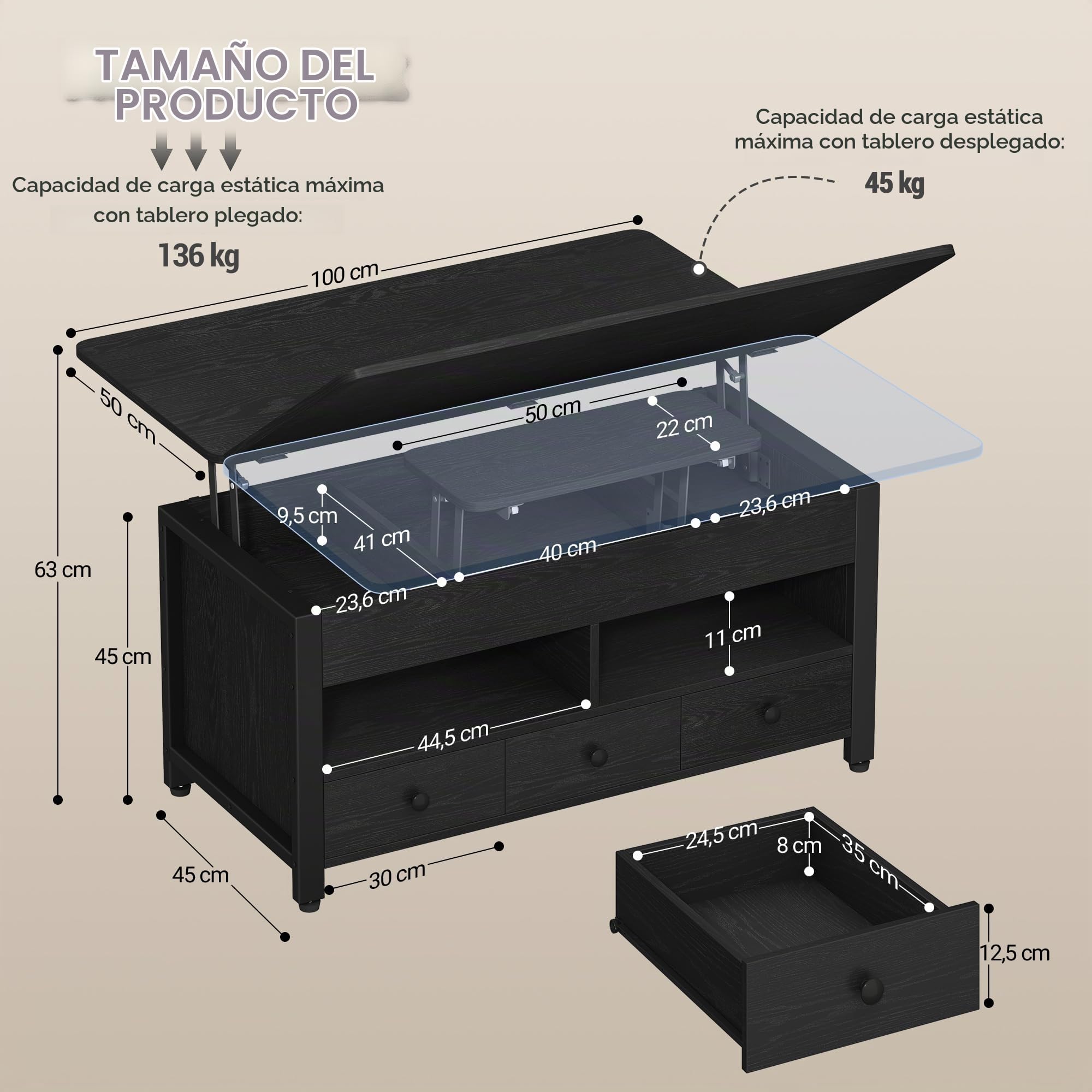 Hzuaneri Tavolino da Salotto, 100 cm, Nero, 3 in 1 Multifunzionale | 50 × 100 × 47 cm, Tavolino da Caffè Sollevabile con 3 Cassetti e 2 Organizzatore Aperto, 3 in 1 Multifunzionale, CT22204B