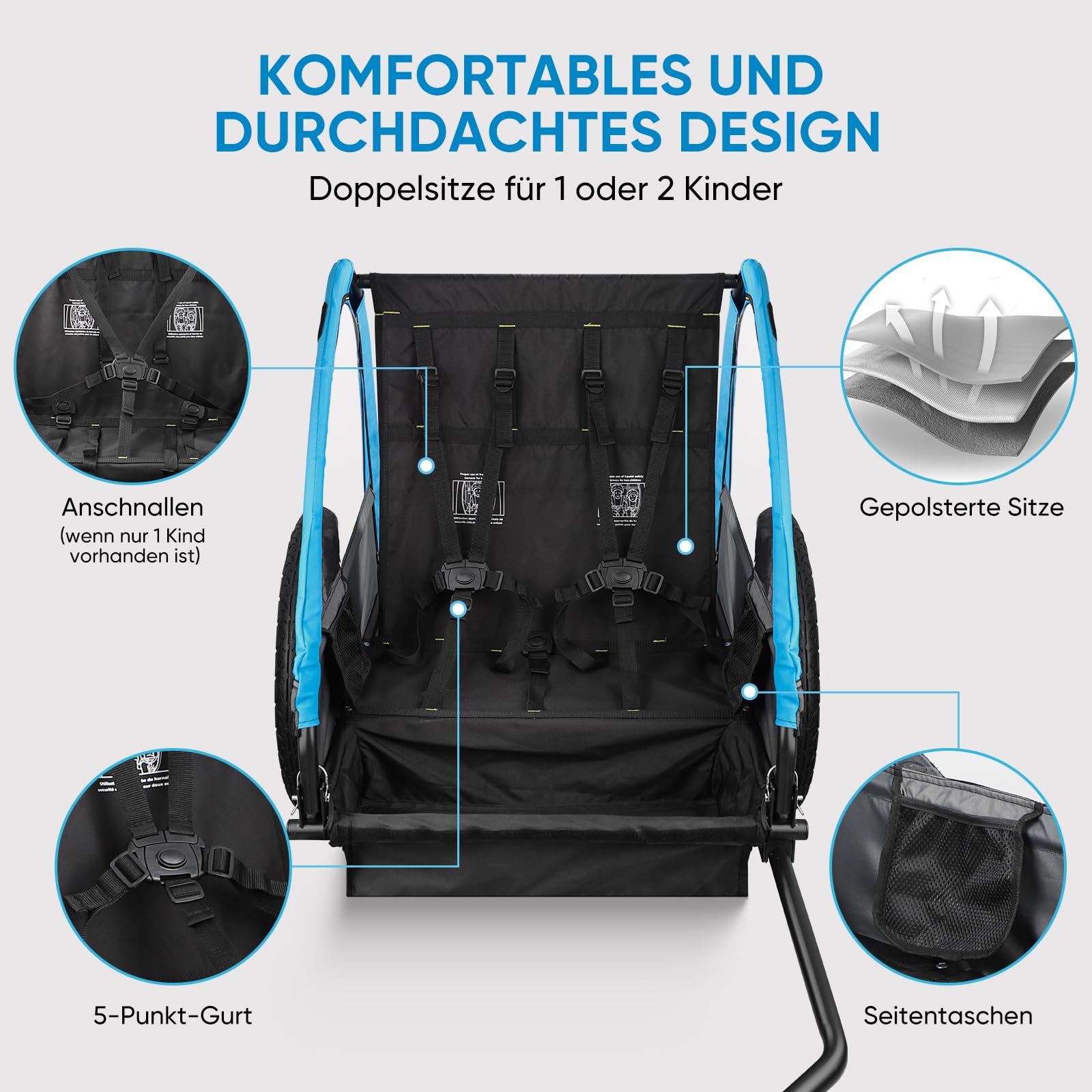 SEPNINE Kinderanhänger für Fahrrad, Fahrradanhänger für 1-2 Kinder, mit 5-Punkt-Sicherheitsgurt, Luftreifen, Handbremse, Faltbar, Max. 40 kg (Hellblau)