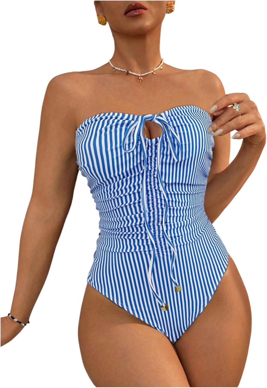 Milumia Women's Striped Strapless One Piece Swimsuit Ruched Bandeau Bathing Suits Swimwear