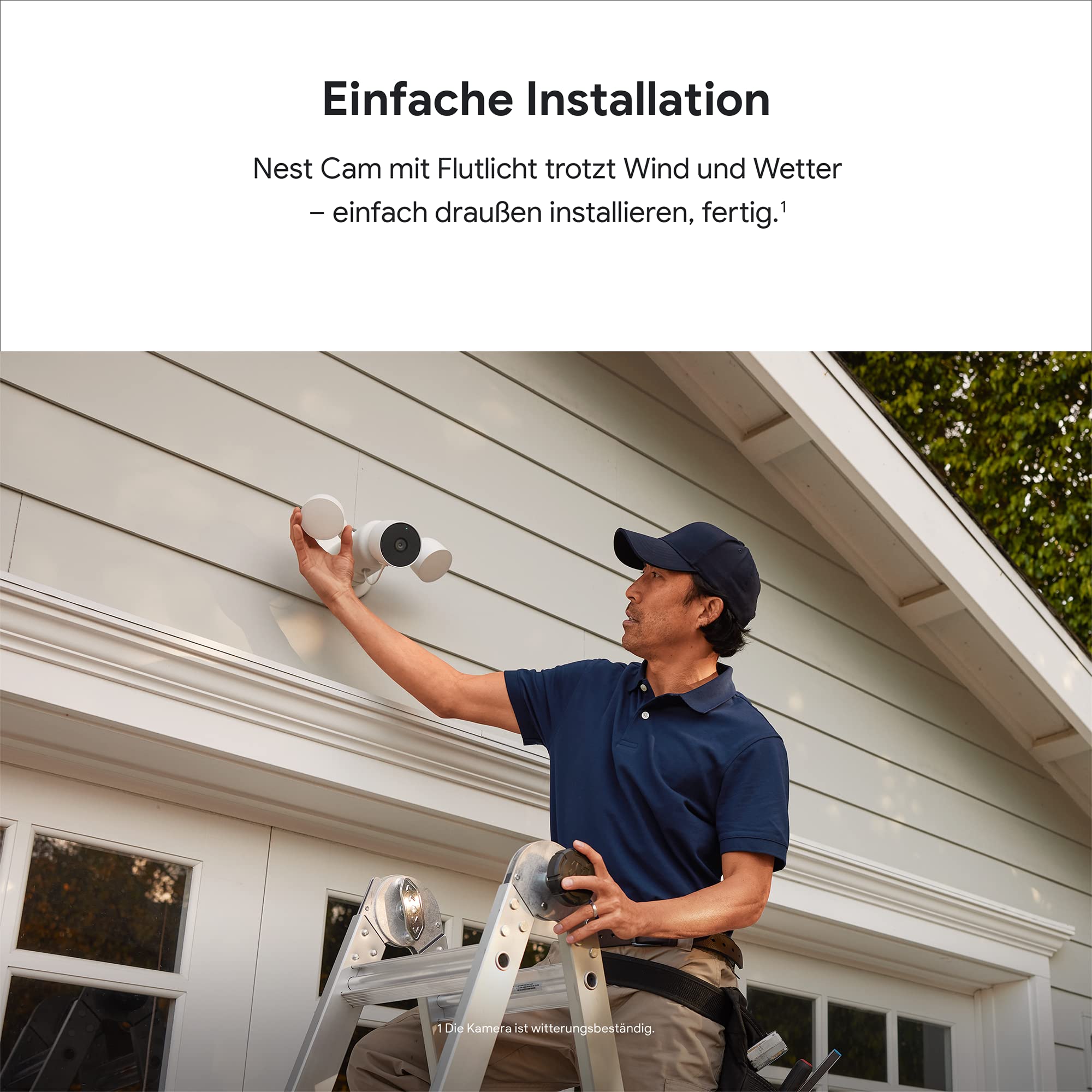 Google Nest Cam mit Flutlicht – Außen mit Kabel – Intelligente Sicherheitskamera GPLE9, Snow, 1 Stück (1er Pack)