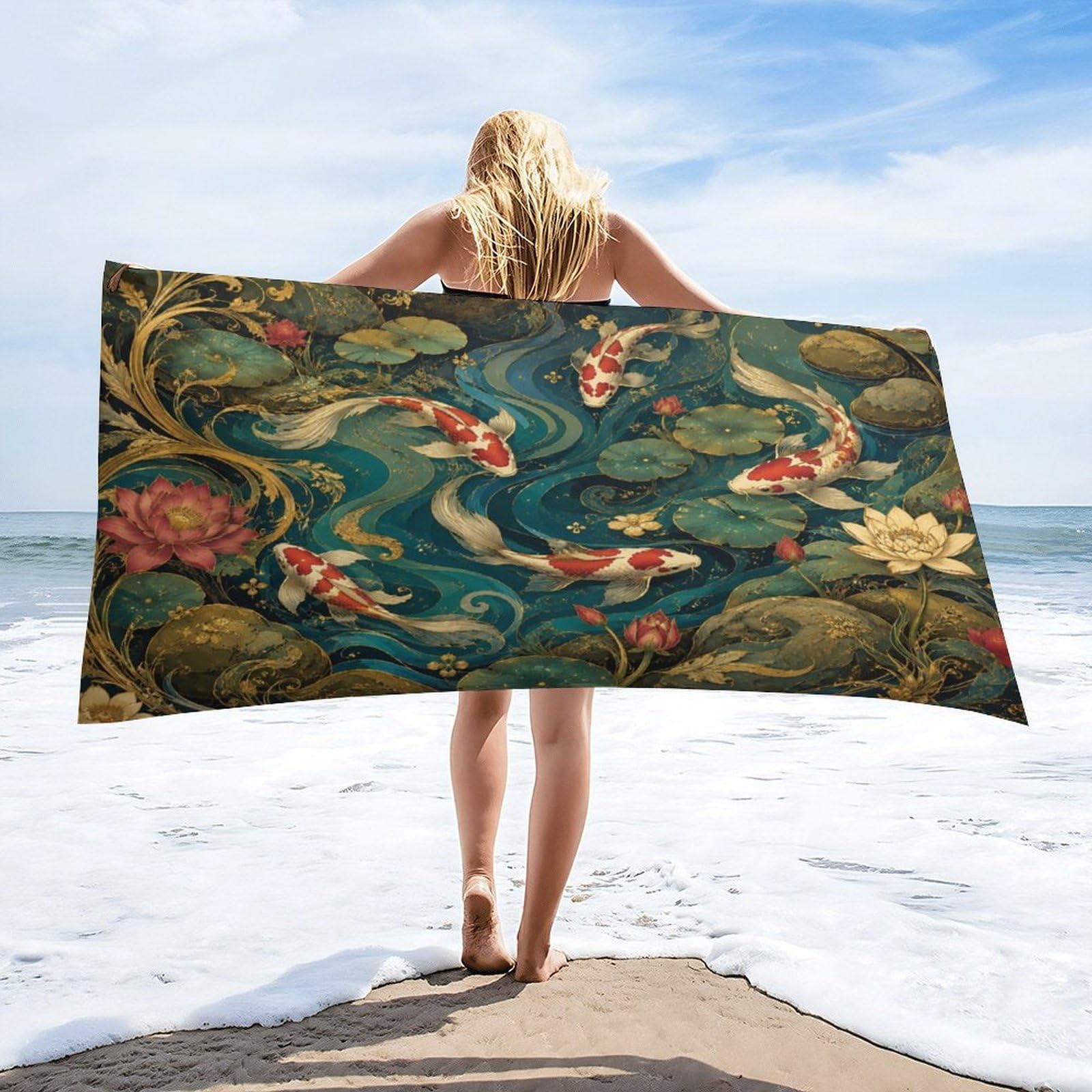 Anceky Koi Fish Pond Lotus Flowers Beach Towel 32"×63",Soft Microfiber Bath Towel Shawl, Quick Dry Absorbent Pool Spa Gym Shower Towel