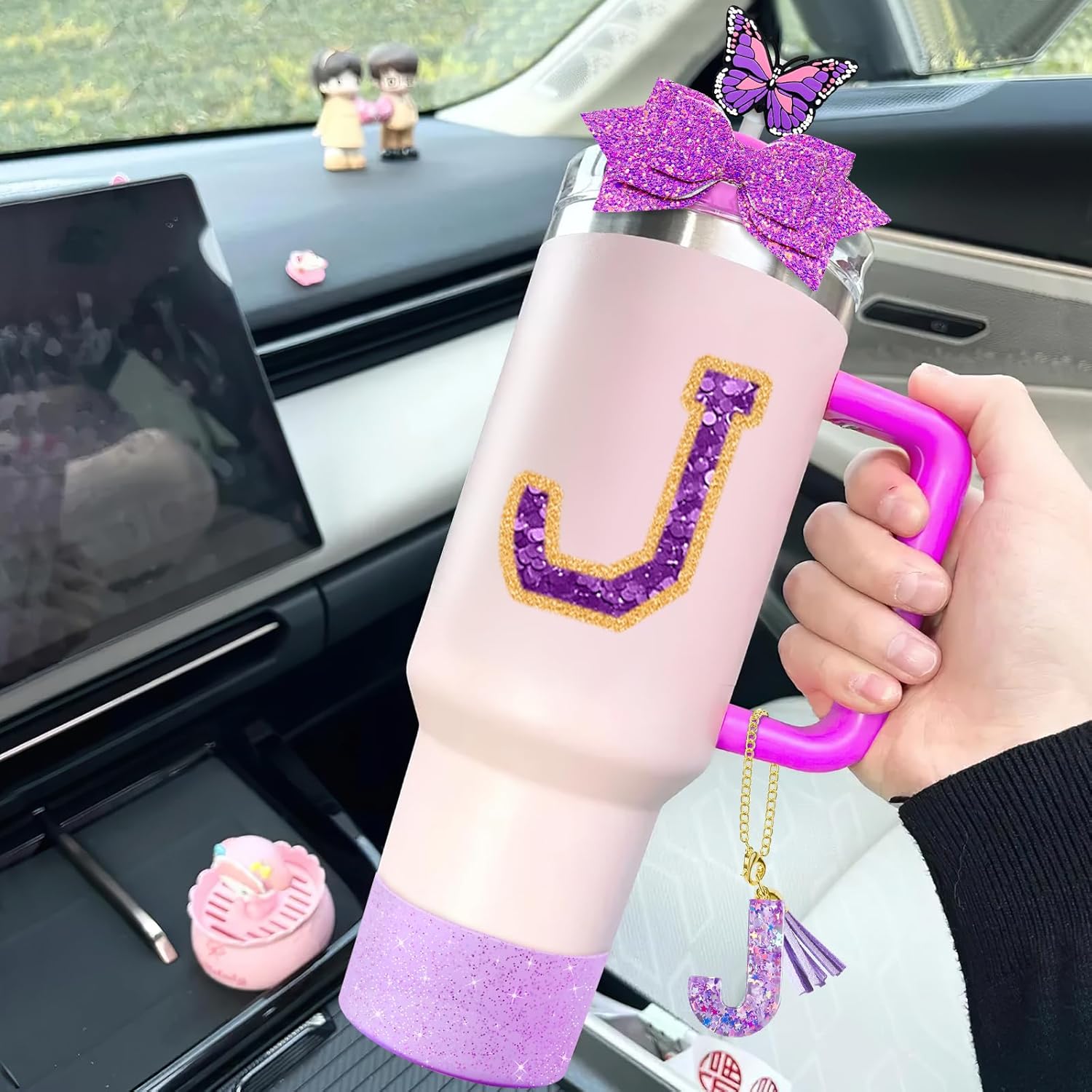 7Pcs Purple Stanley Cup Accessories Set for Stanley Cup 30&40 Oz Tumbler - Silicone Straw Cover Cap and Boot, Letter Charm for Handle, Spill Proof Stopper, Bow straw Decoration, Initial Sticker(J) - Image 3
