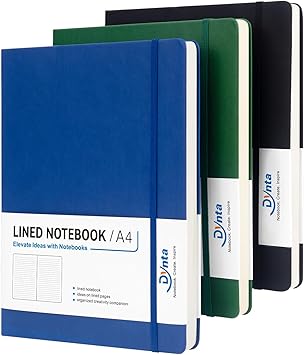 Dynta A4 Lined Journal Notebooks 3 Pack 8.5" x 11" Leather Hardcover Journals 200 Pages/100 Sheets Large Notebooks for Work, Journaling, Note Taking Black, Green, Blue