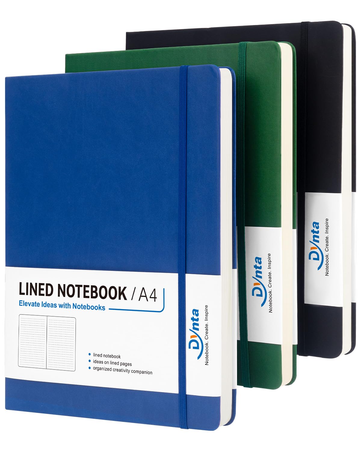 Dynta Diario a righe formato A4, confezione da 3 quaderni in pelle con copertina rigida, 21,6 x 27,9 cm, 200 pagine/100 fogli, grandi taccuini per lavoro, diari, prendere appunti (nero, verde, blu)