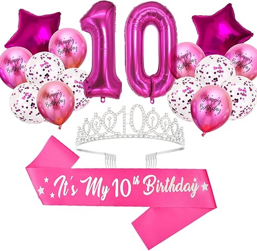 Miniatura 1 de Decoraciones de cumpleaños número 10 para niñas, banda y corona de dos dígitos con purpurina rosa intenso, globos de papel de aluminio de estrella