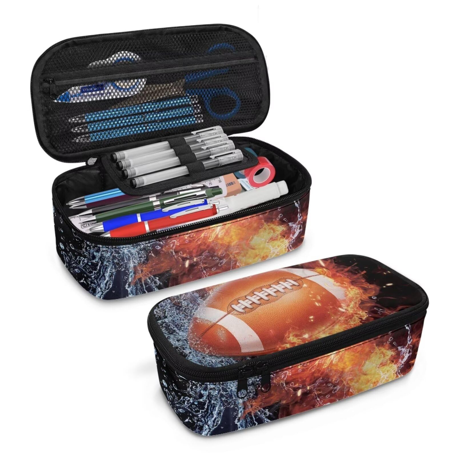COEQINE 3D Fire Rugby Football Pencil Case for Teen Boys 8-12 Age Middle School Large Capacity Pencil Box with 3 Compartment for Pen Pencil Keep Organizer for Study