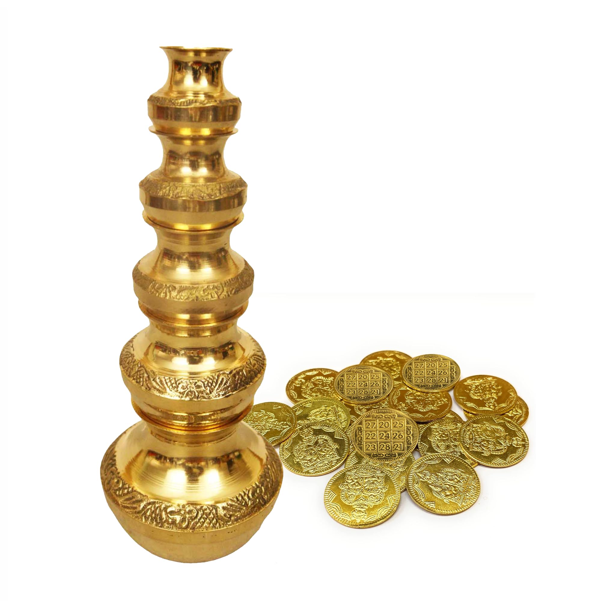 Putrika Brass Gubera Lota with 11 Lakshmi Yantra Kubera Coin |Ghada Set of 5 Pooja Kalash Pot for Wealth & Prosperity |Puja Kalasam with 11 Gold Coins for Diwali, VaraLakshmi Pooja-Yantra Kuber Coins