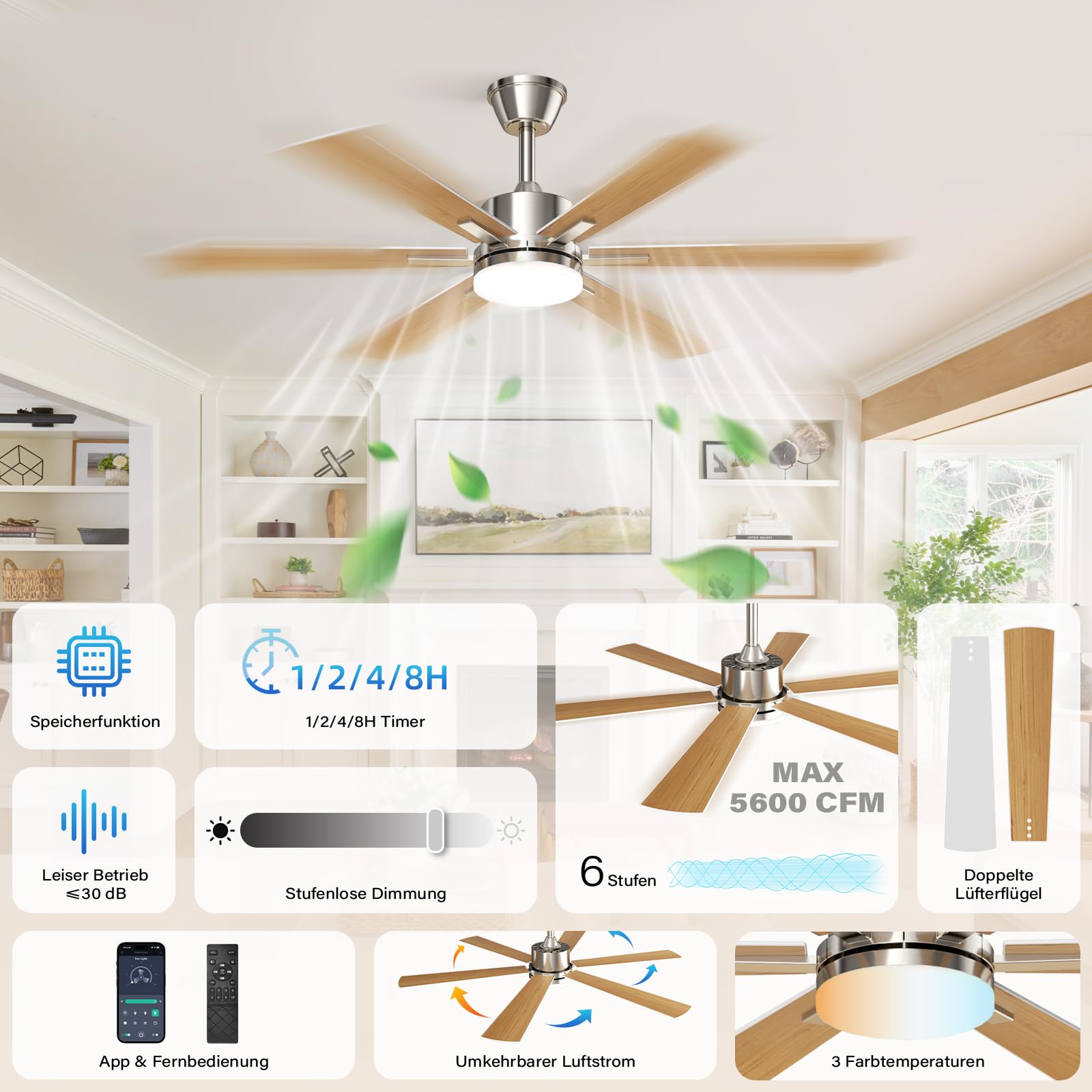 EppieBasic Ventilateur Plafond avec Lumiere Salon: 132 cm Ventilateur Plafond Moteur DC Silencieux avec Télécommande/Appli – 6 Vitesses, Design Moderne, 6 Pales Aspect Bois pour Chambre